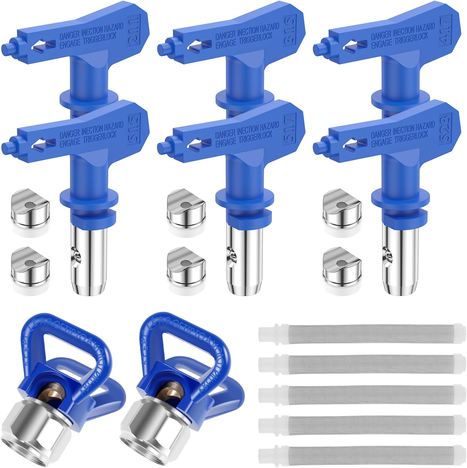 6Pcs Airless Paint Sprayer Tips Reversible Airless Spray Paint Gun Nozzle (211 315 417 515 517 523) with 2 Pcs Nozzle Guards and 5 Pcs Filters for Home Roof Deck Fence