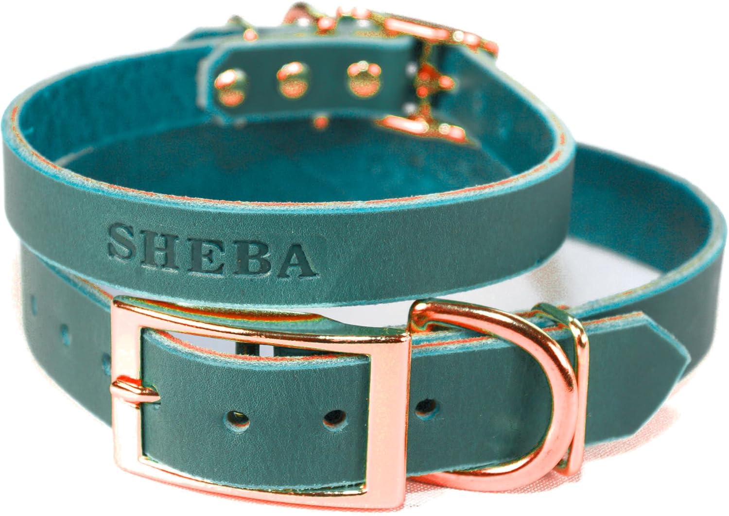 Handmade Personalized Bridle Leather Dog Collar Engraved Pet Name, Copper/Rose Gold Tone Hardware (Teal Green)