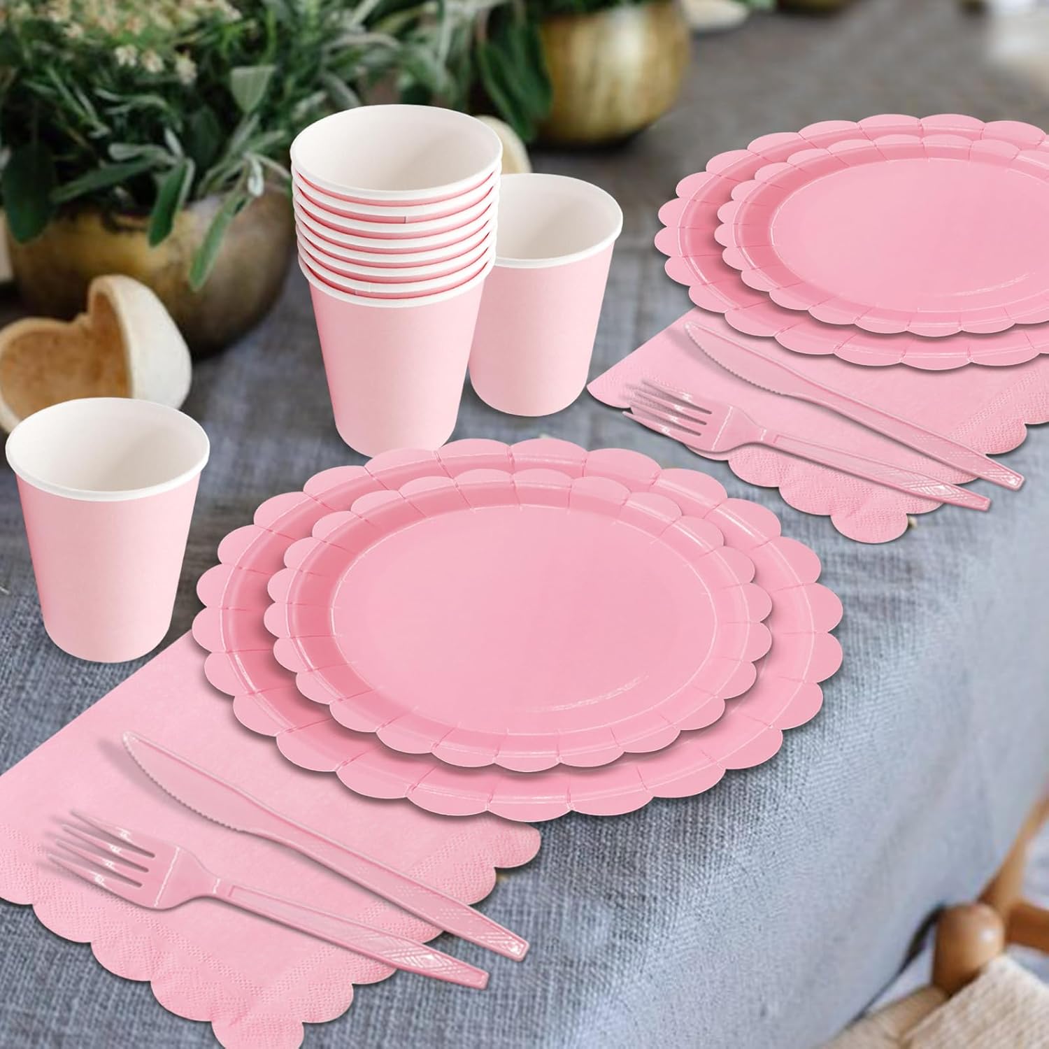144Pcs Pink Birthday Party Supplies Pink Tableware Set Serve 24 Guests Includes Dinner Plates Cups Napkins For Wedding Baby Shower Birthday Party Decorations - Image 5