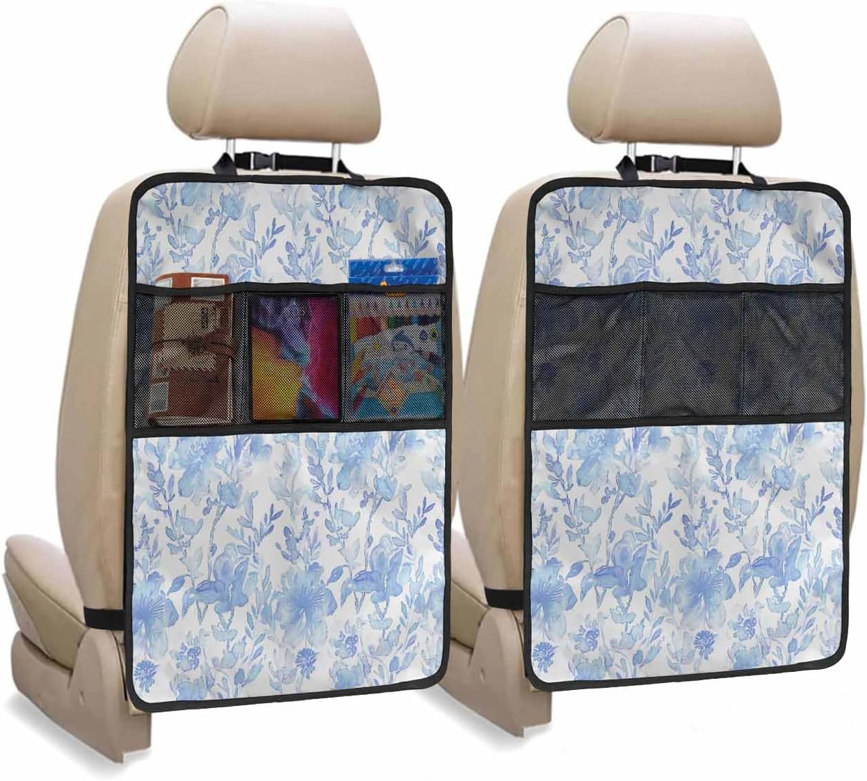 Car Seat Protector, 2 Pack Kick Mats with Organizer - 3 Pocket Storage, Blue Green Abstract Flowers Plants Watercolor Floral Back Seat Cover for Kids Universal Fit Automotive Interior Protectors