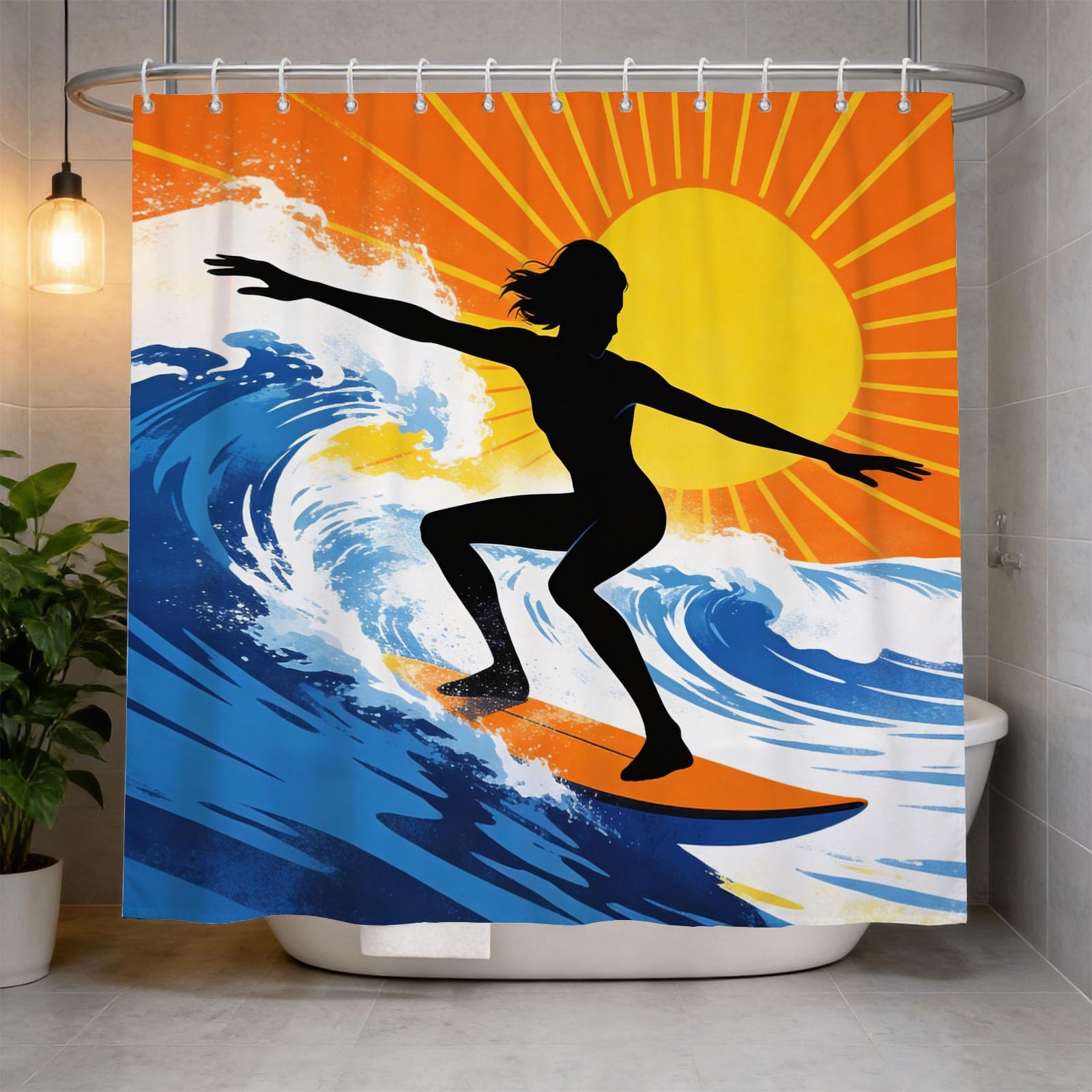 Hongduo 3D Surfing Shower Curtain for Stalls Bathtubs Sport Bathroom Decor Shower Curtain Set Polyester Fabric Waterproof 180x180cm/71X71 Inch with Hooks