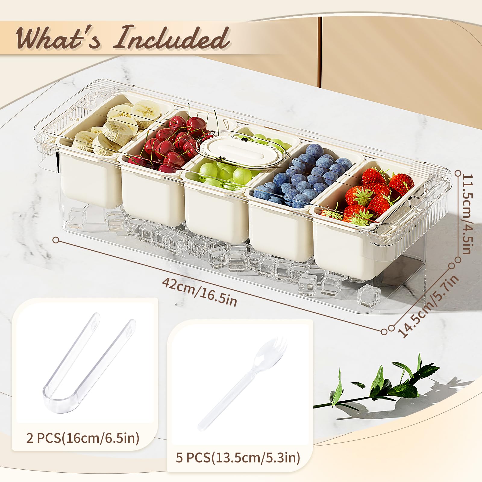 Fangoo Condimentos Refrigerados Organizador con Tapa con 5 Compartimentos 5 tenedores y 2 clips extraíbles en Hielo Bandeja Condimentos Refrigerada Viene para bar de ensalada Buffetes de pizza