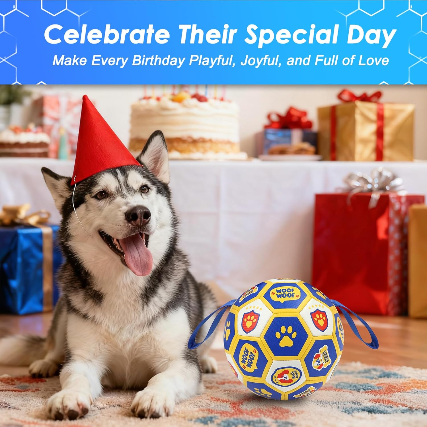 Vivifying Dog World Cup Soccer Ball Toy, 8 Inch Floatable Interactive Dog Toy for Large and Extra Large Dogs, Durable PU Enrichment Ball with Nylon Straps for Outdoor Fetch, Training & Playing