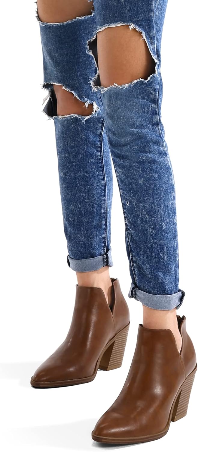 mysoft Women's Ankle Boots Slip on Cutout Pointed Toe Chunky Stacked Mid Heel Booties - Image 5