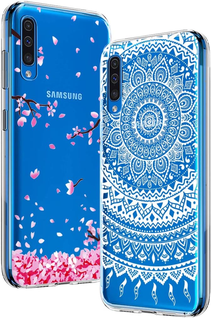 BAOWEI [2-Pack] for Samsung Galaxy A50 Case, Ultra Thin Crystal Clear Soft TPU Silicone Case with Stylish Cute Pattern Protective Phone Case Cover for Samsung A50 - White Mandala & Cherry Blossom
