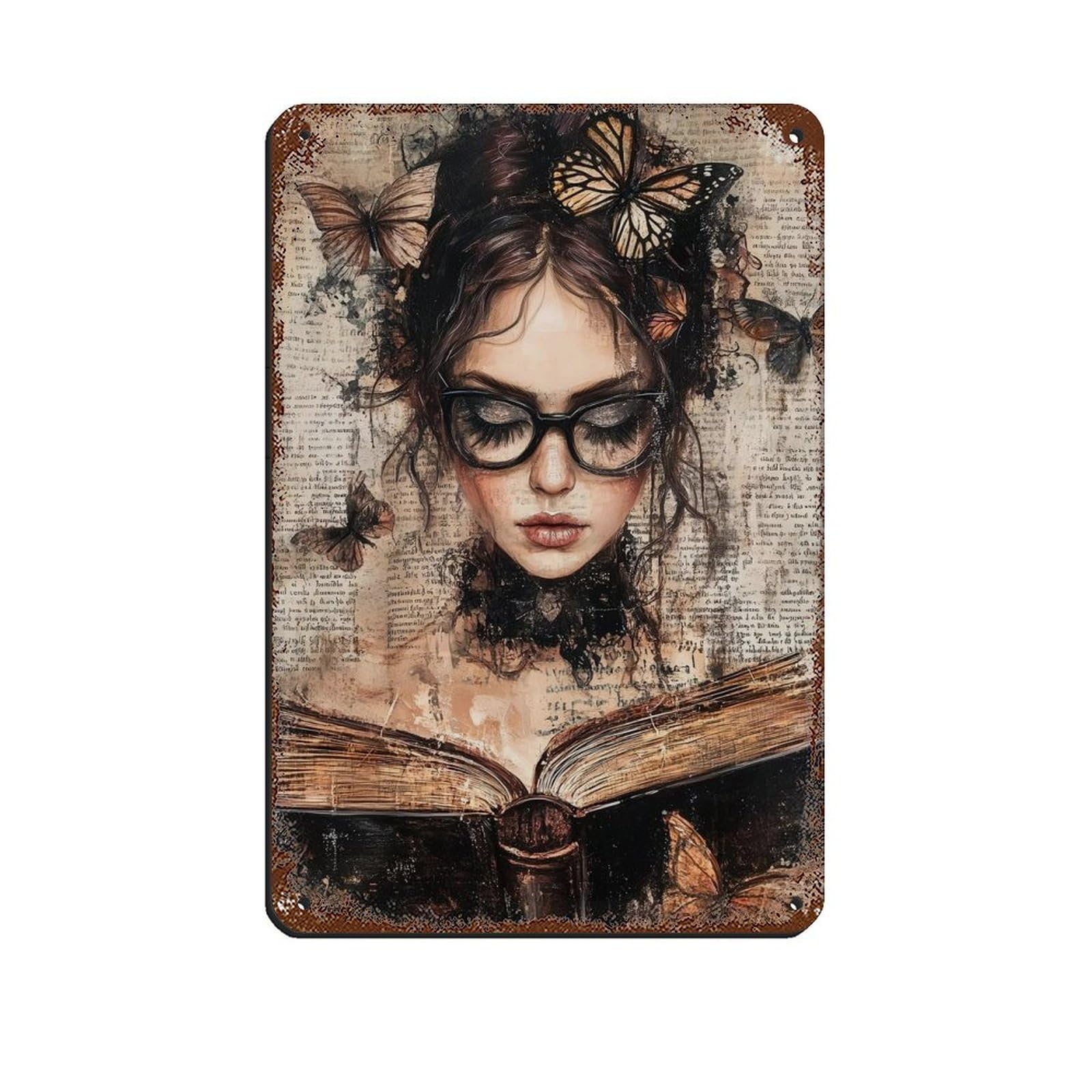 Reading Woman Poster, Feminine Scholar Retro Poster Metal Tin Sign Chic Art Retro Iron Painting Bar People Cave Cafe Family Garage Poster Wall Decoration 8x12inch(20x30cm)