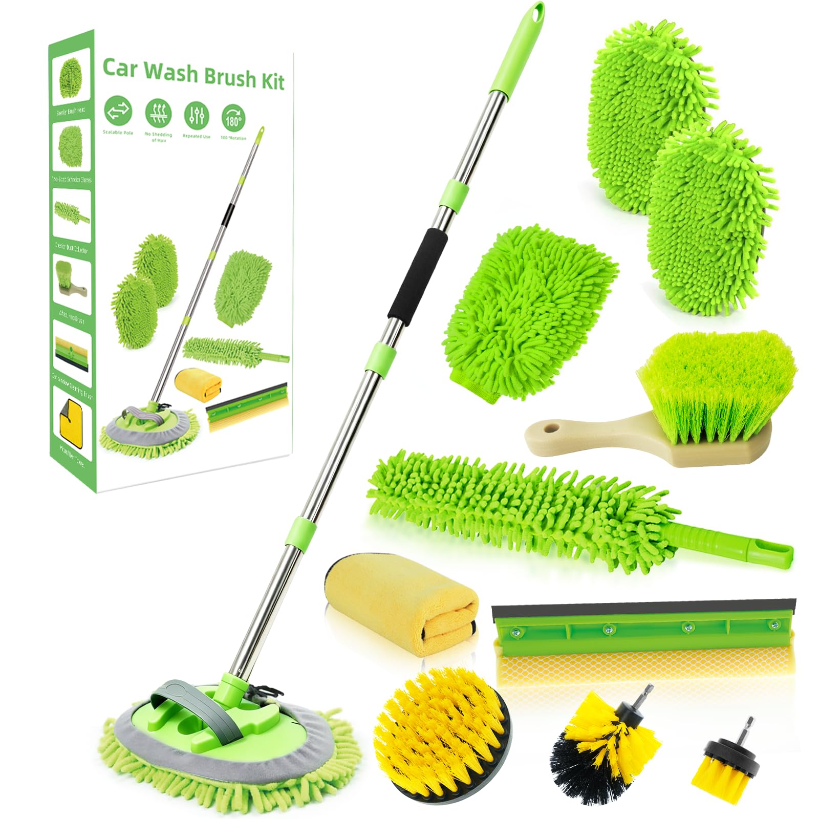 157,5 cm Autowaschbürste mit langem Griff, Chenille-Mikrofaser, Autowaschmopp, Handschuh, Radbürste, Auto-Reinigungsset, Windschutzscheiben-Fensterabzieher, Auto-Staubwedel, Mikrofaser-Handtuch,