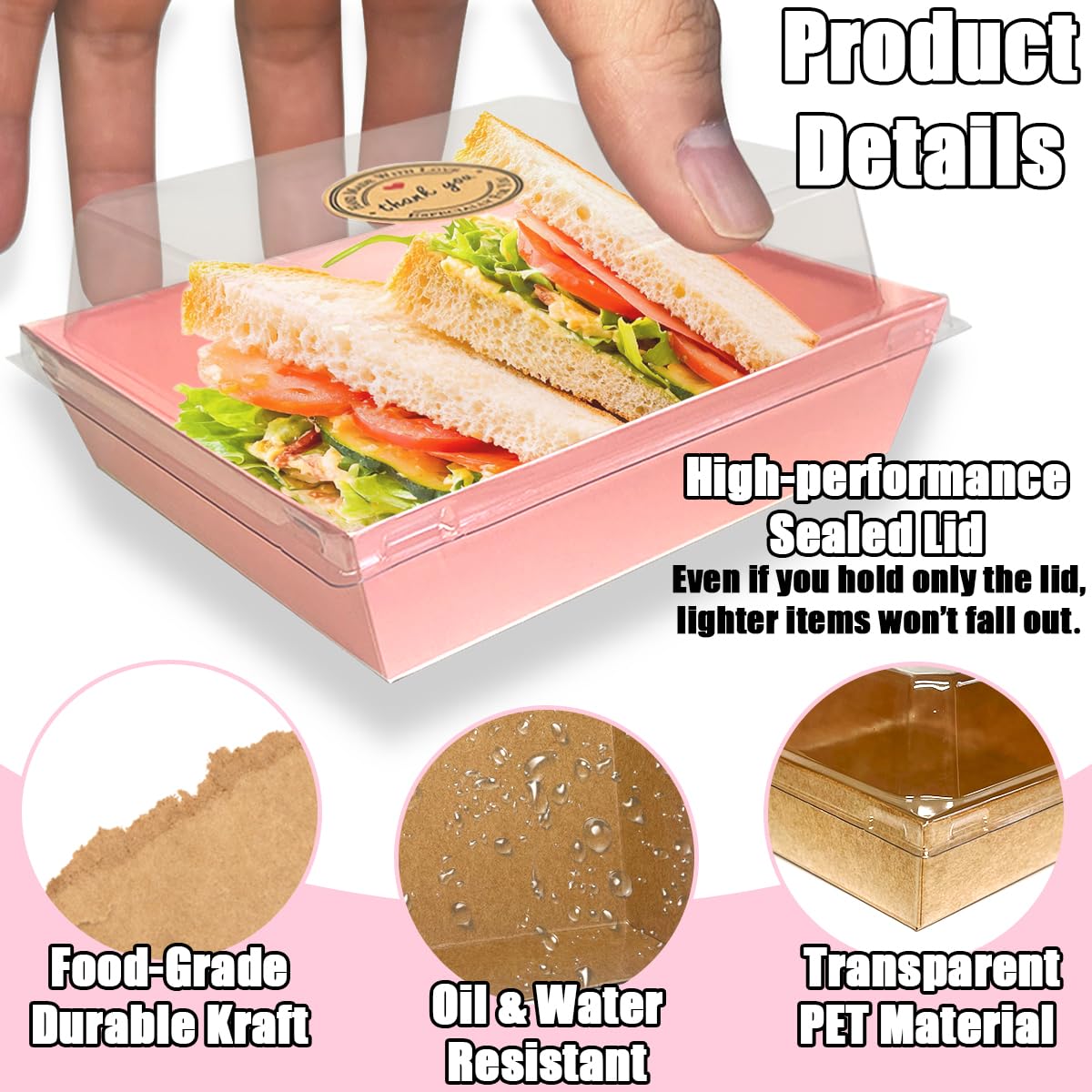 100 cajas de papel para embutidos con tapas transparentes, recipientes individuales de 5 pulgadas a prueba de aceite con cordel adhesivo de papel para hornear, caja de postre cuadrada para