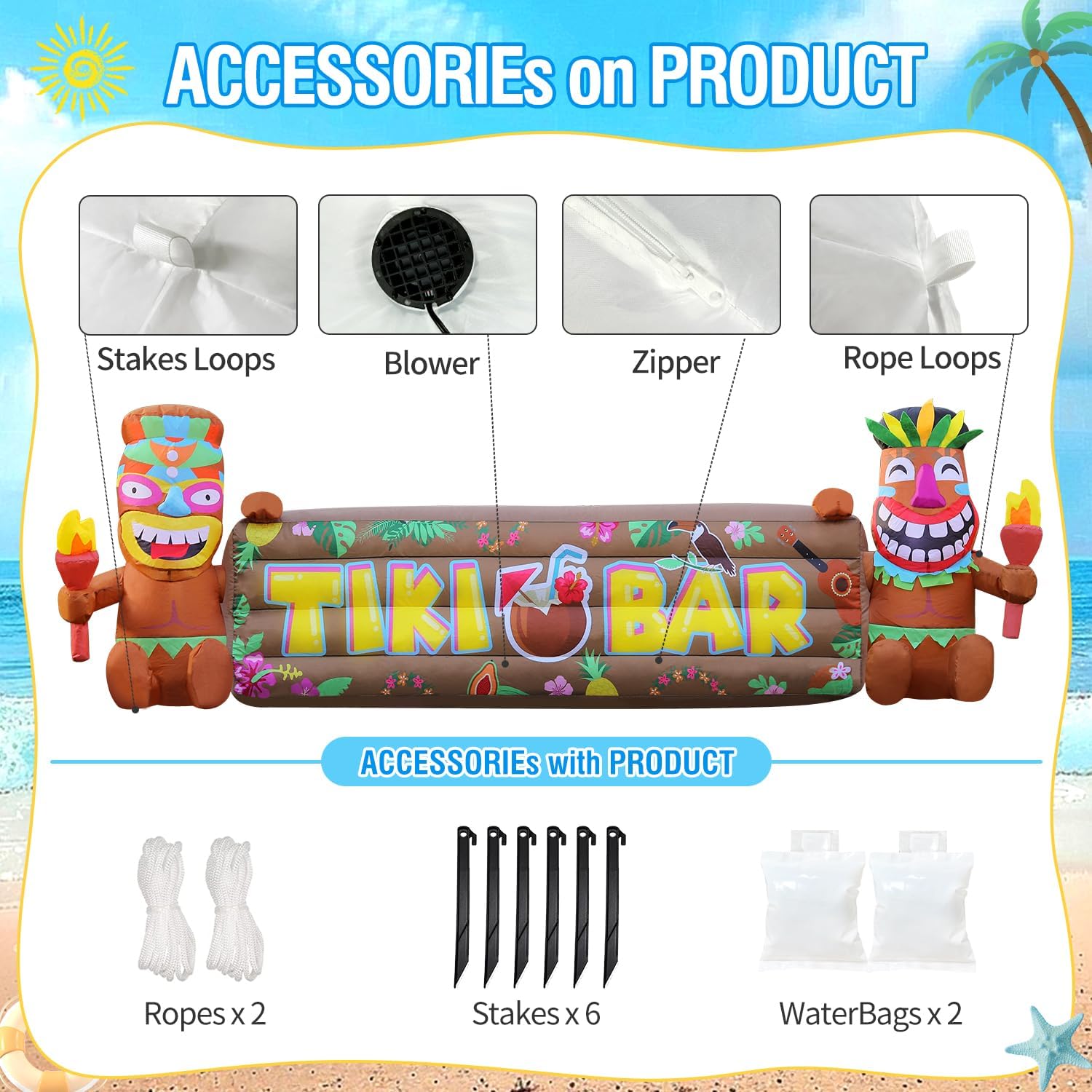 DomKom 7FT Tiki Luau Inflatables, Two Tiki Inflatables, Hawaiian Summer Tropical Beach Blow up Party Decor Party Giant Yard Decoration, Outdoor Built-in LED Lights Lawn Holiday Outside