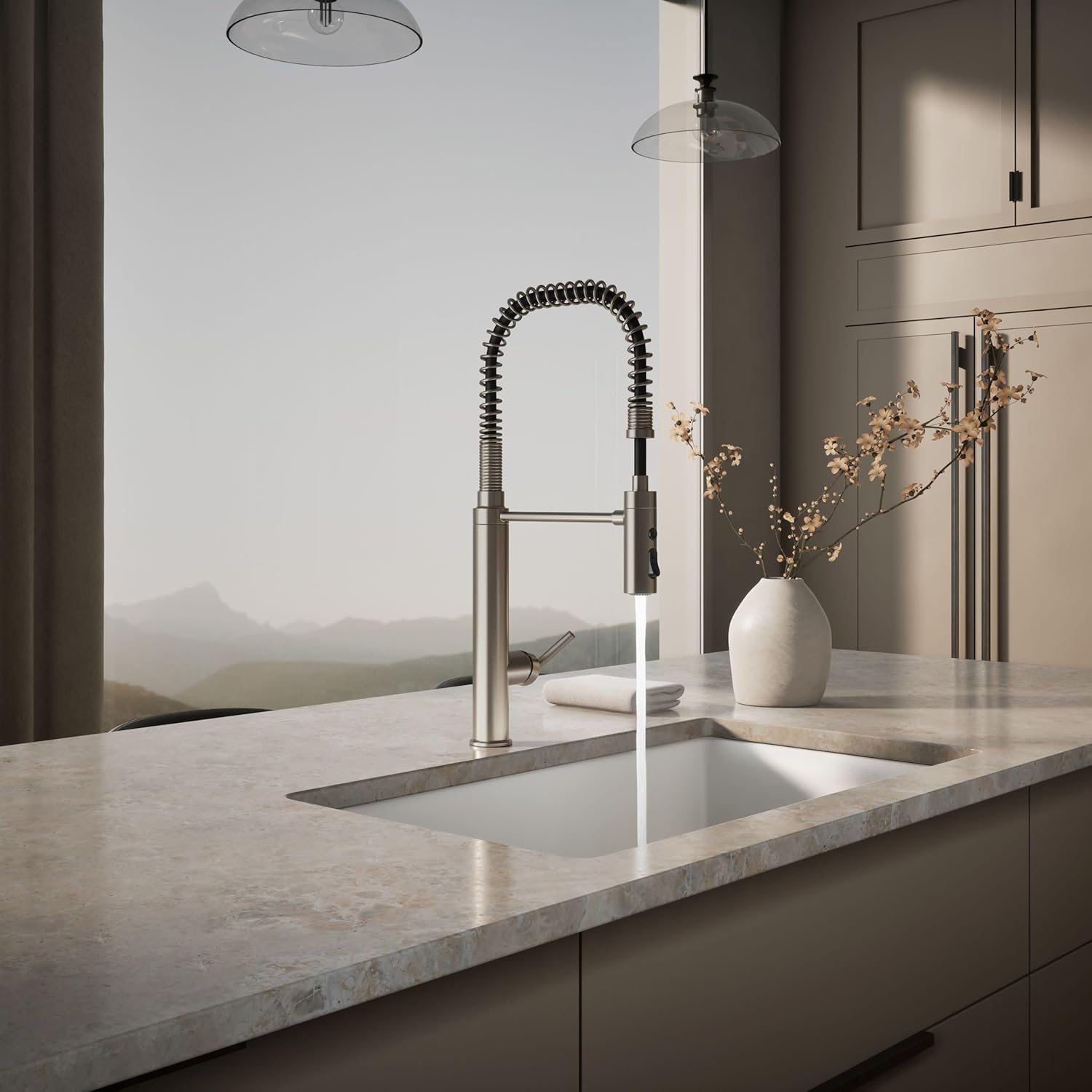KOHLER 24982-VS Purist Commercial Kitchen Faucet with 3-Function Pull Down Sprayer, Vibrant Stainless