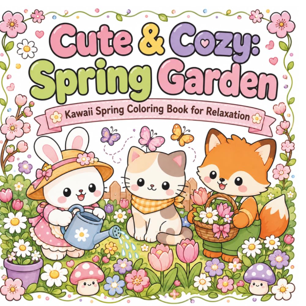 Cute & Cozy Spring Garden Coloring Book Coloring Book for Adults and Kids:: Kawaii Animals, Garden Scenes, Relaxing Stress Relief Coloring Pages