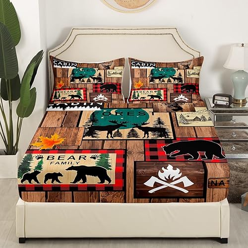 Miniatura 3 de Juego de sábanas bajeras de cabaña retro con diseño rústico de aventuras, oso, ciervo, caza, vida silvestre, animales salvajes, juego de cama a