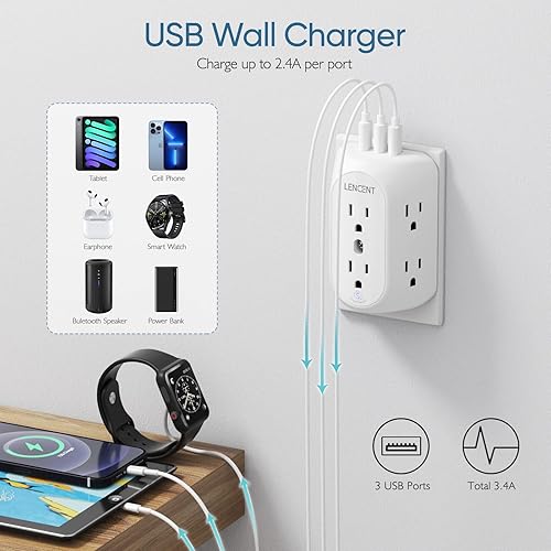 Miniatura 3 de LENCENT Regleta de alimentación de 2 clavijas con 3 USB, adaptador de toma de tierra de 3 a 2 puntas, enchufe polarizado, protector de sobretensión,