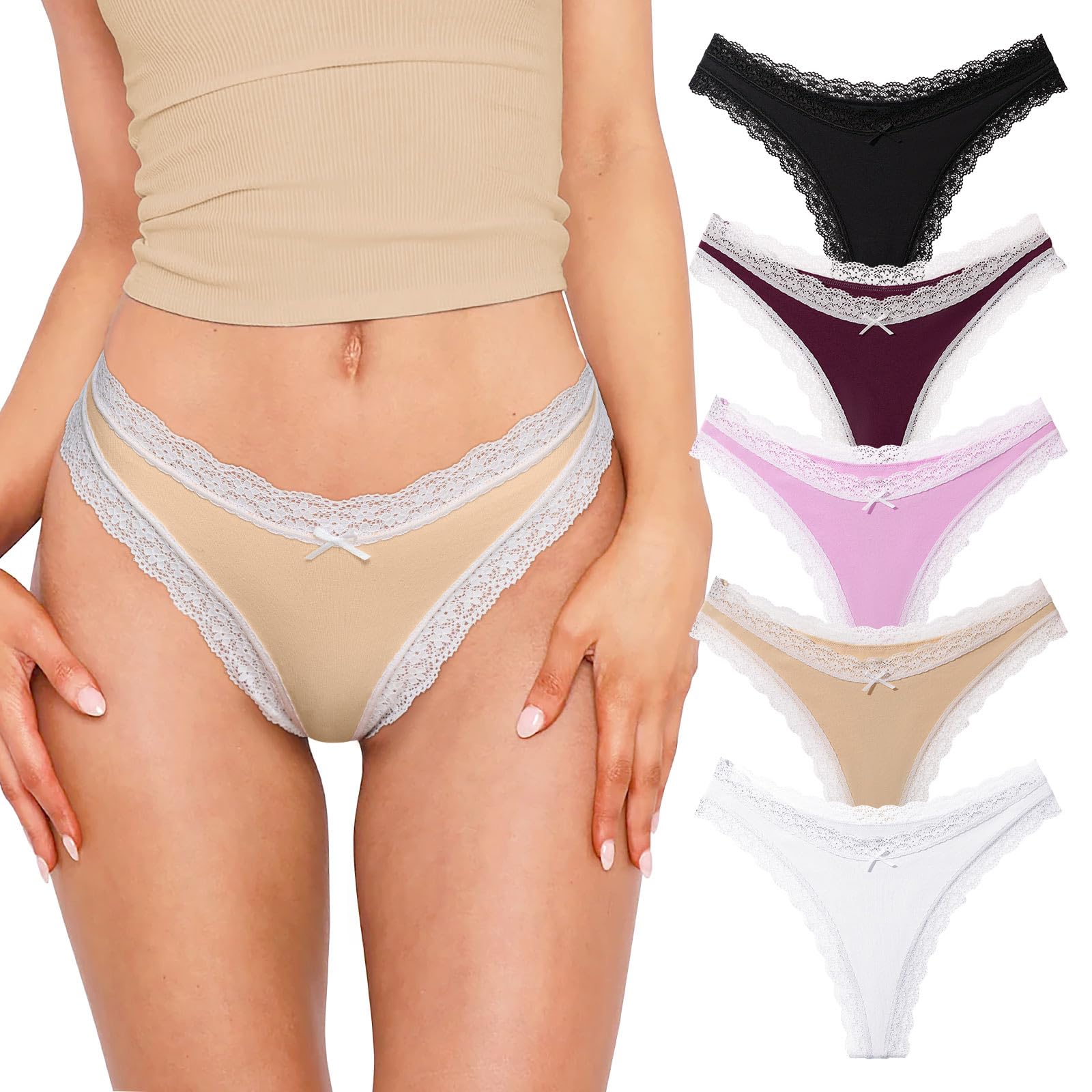 REORIA Womens Sexy Lace Cotton Seamless Thongs Panties for Women Cheeky No Show Underwear 5-Pack