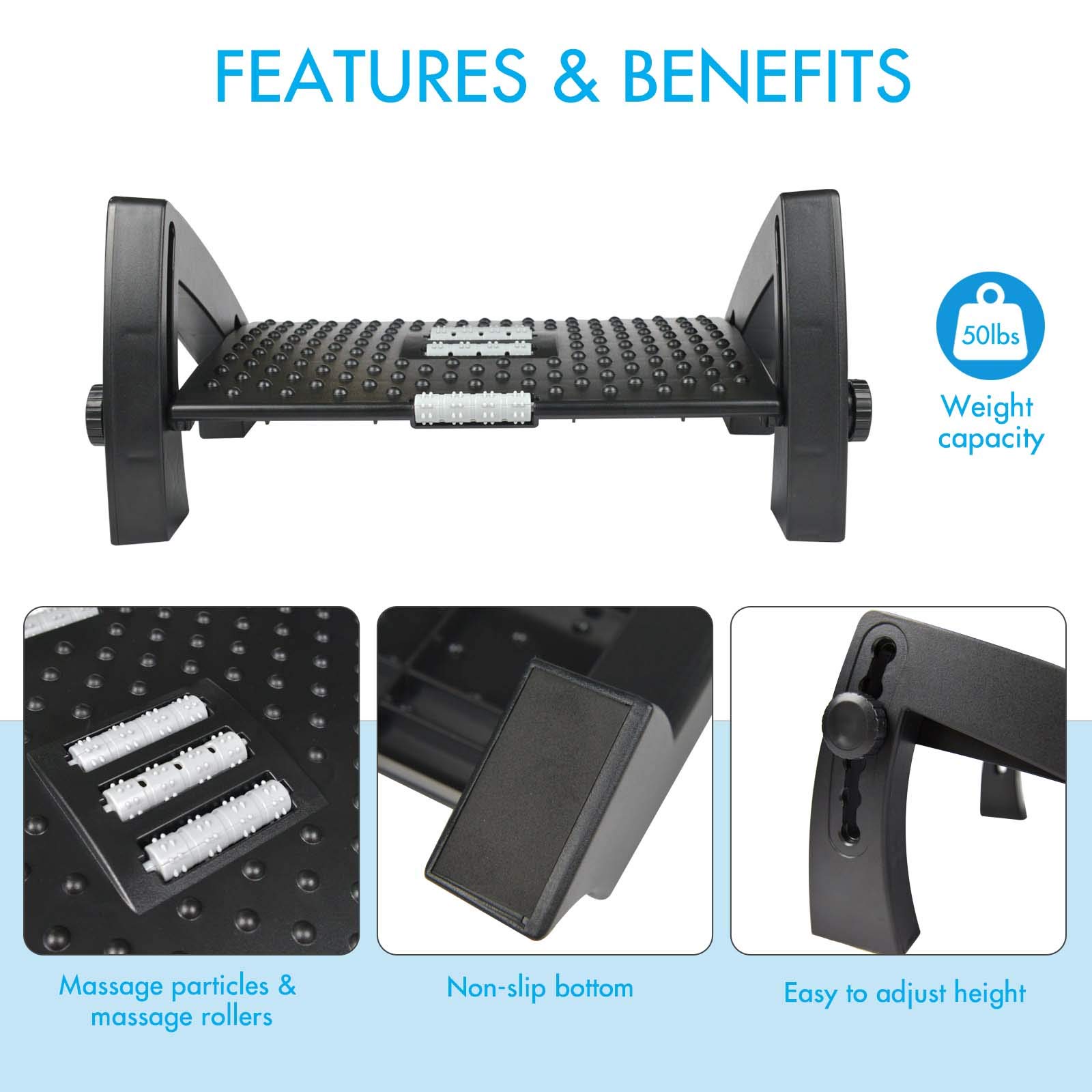 Under Desk Footrest with Massage Surface Ergonomic 6 Height Position Adjustable Foot Stool with Firm Non-Slip Legs for Home Office