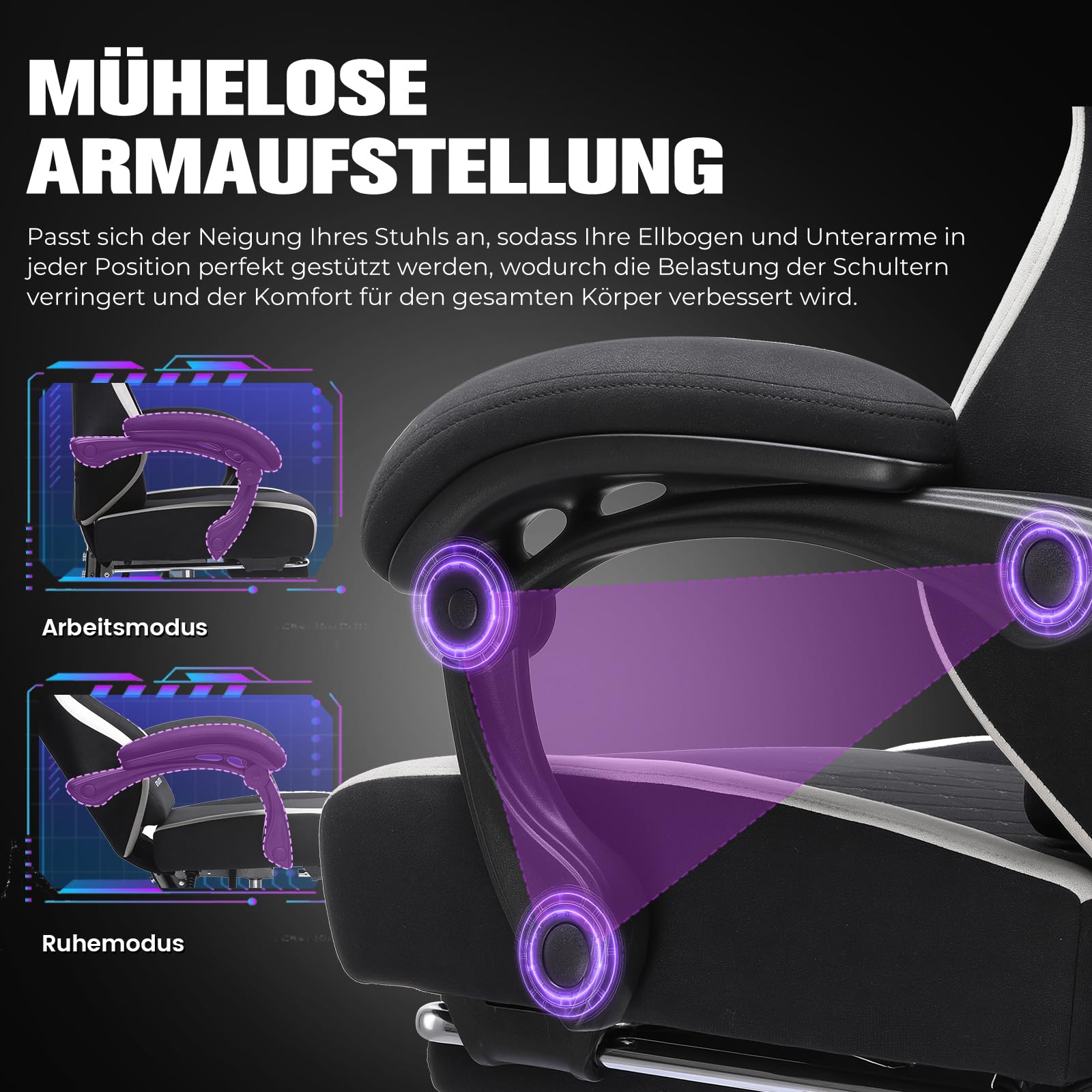 GTPLAYER Gaming Stuhl Ergonomischer, PC Stuhl Atmungsaktiver Stoff, Groß und Hoch Drehbarer Schreibtischstuhl mit Fußstütze,Verstellbare Lendenwirbelstütze und Kopfstütze,Schwarz