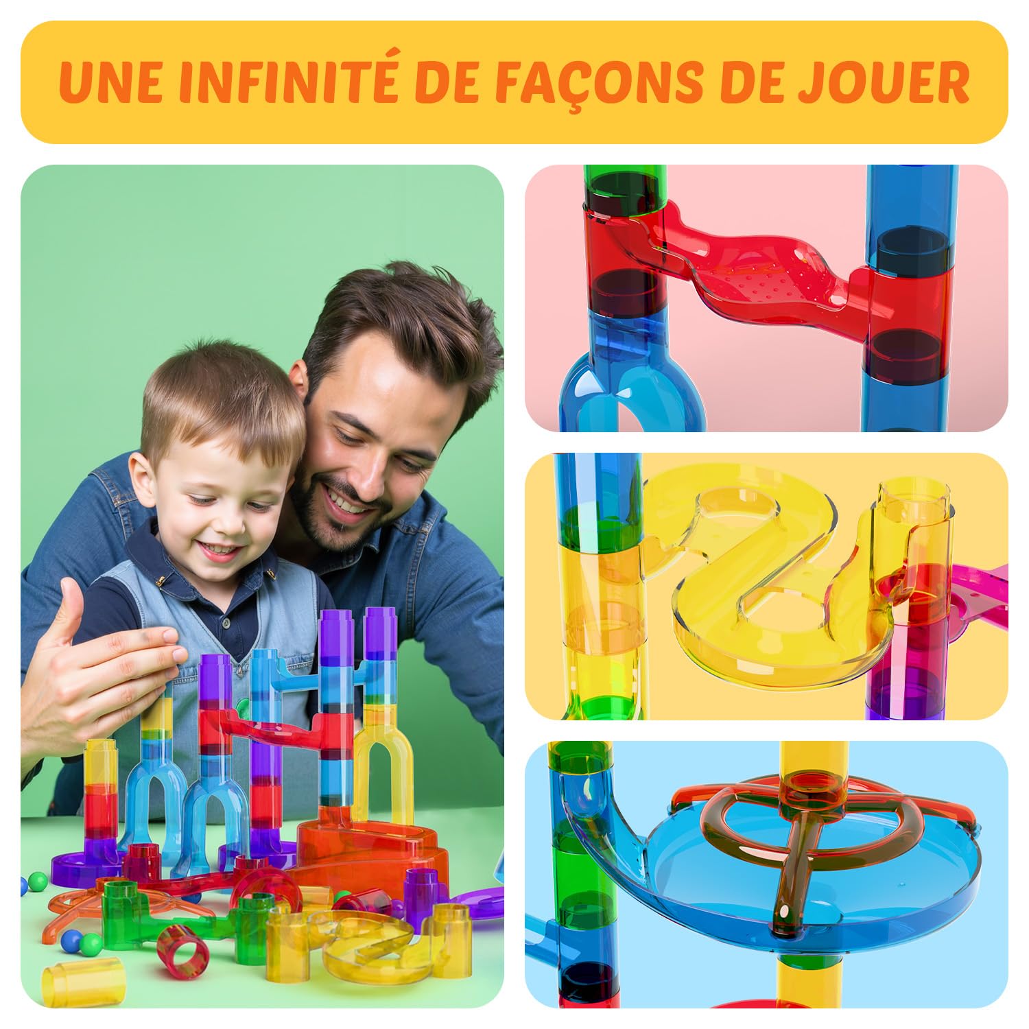 109 Pièces Transparente Tricky Bille Jeux de Construction Circuit Billes Jeu Educatif Marble Rush STEM Labyrinthe Jeux Enfant Convient aux Garçons et aux Filles de 3-12 Ans Cadeau