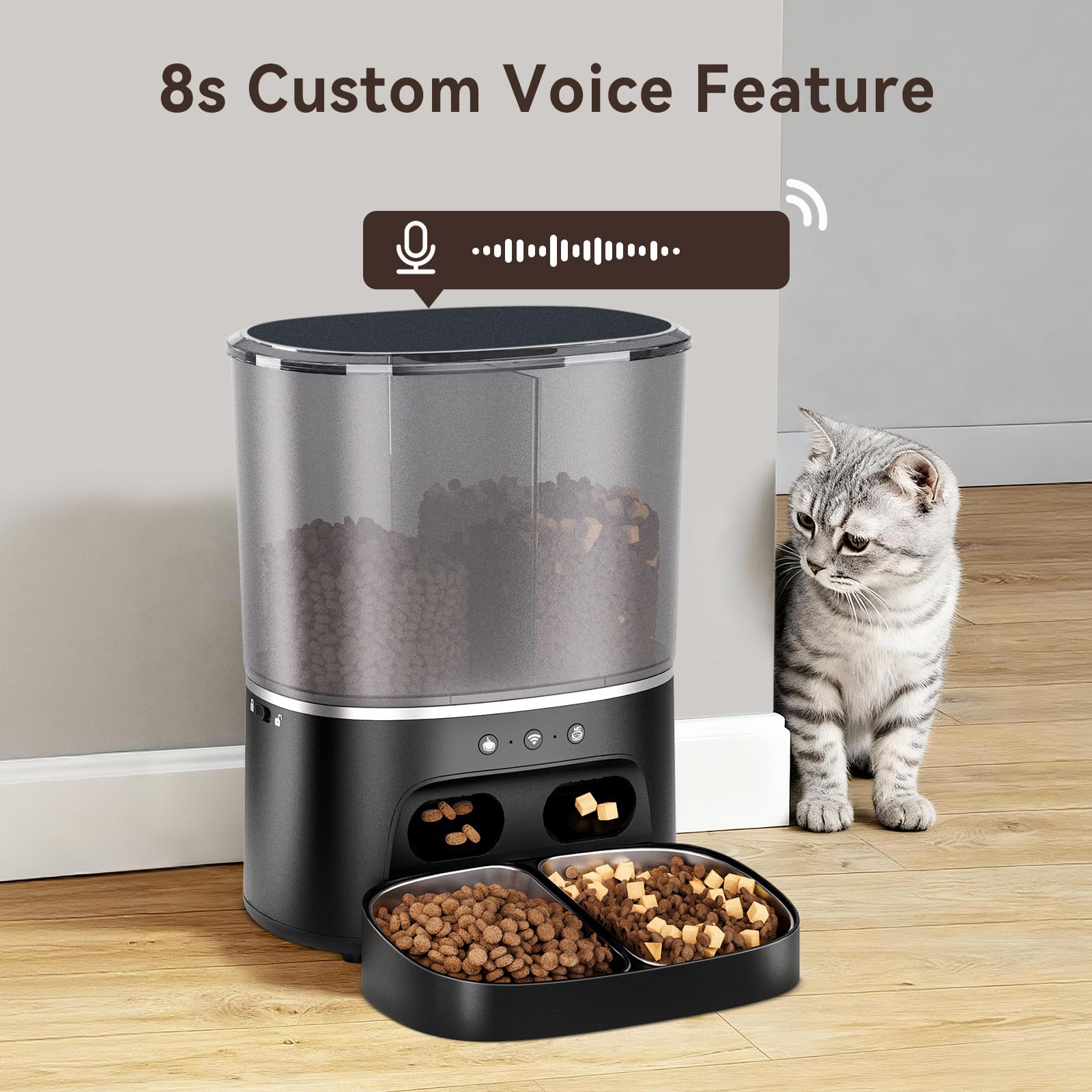 8L Distributeur Croquettes Chat Automatique 2 Bols, WiFi 2.4G, Commande APP, Minuterie Programmable, Gamelle Chat Automatique en Acier Inoxydable, 1-10 Repas par Jour pour Petits Chiens et Chats