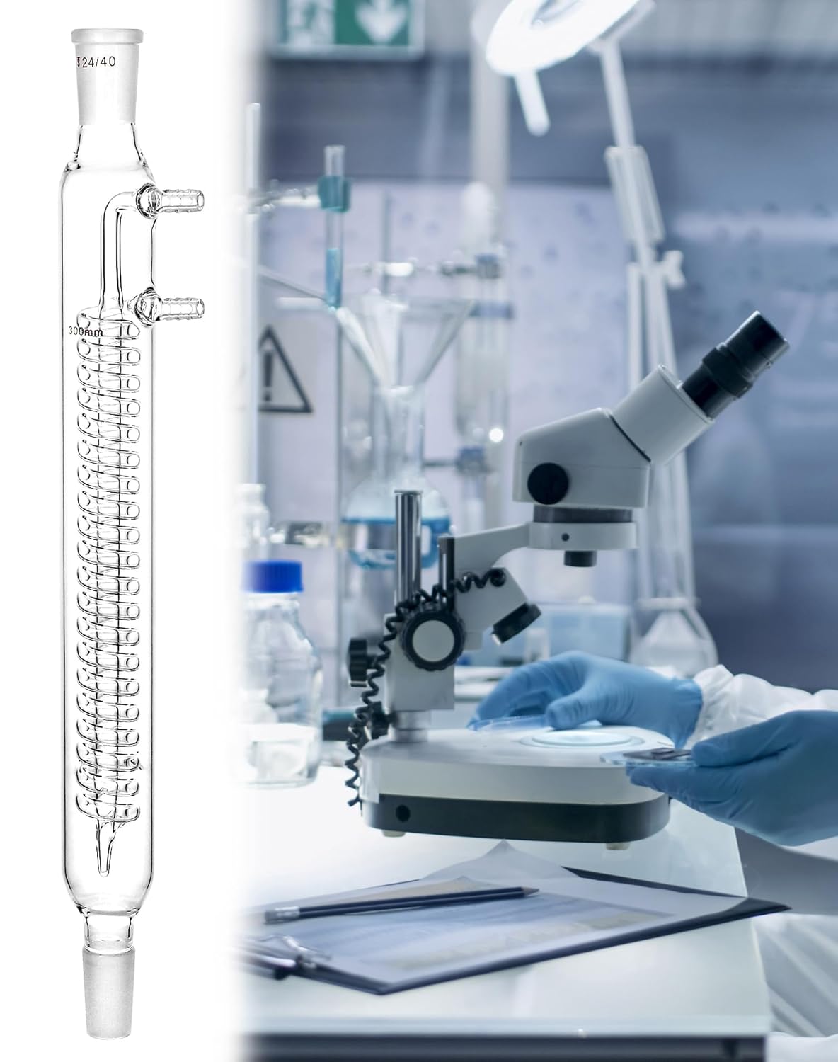 QWORK Glass Reflux Condenser 24/40 - Large Cooling Capacity, Borosilicate Glass, Organic Chemistry Lab Glassware, 175mm in Coil Length 390mm in Overall Height