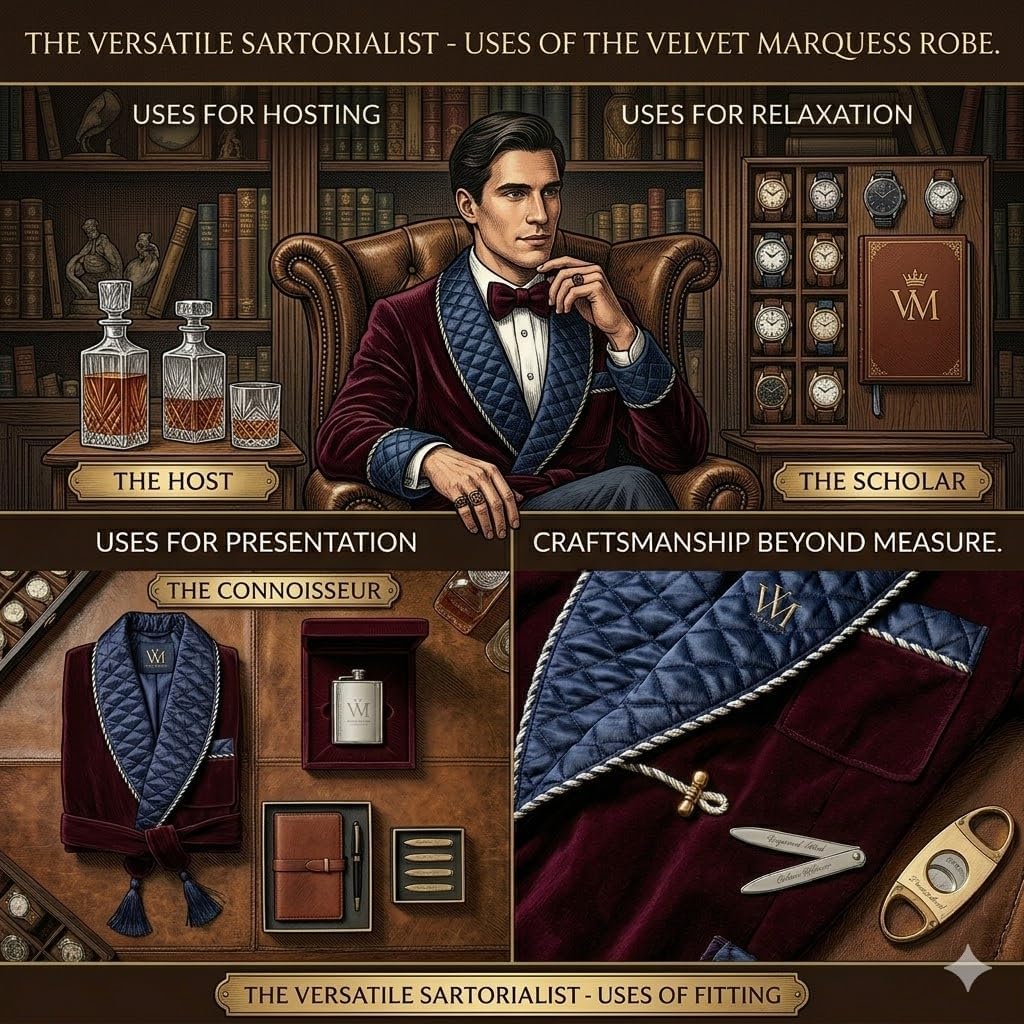 Men’s Burgundy Velvet Smoking Jacket with Blue Satin Quilted Collar | Luxury Belted Dinner & Party Host Robe Coat