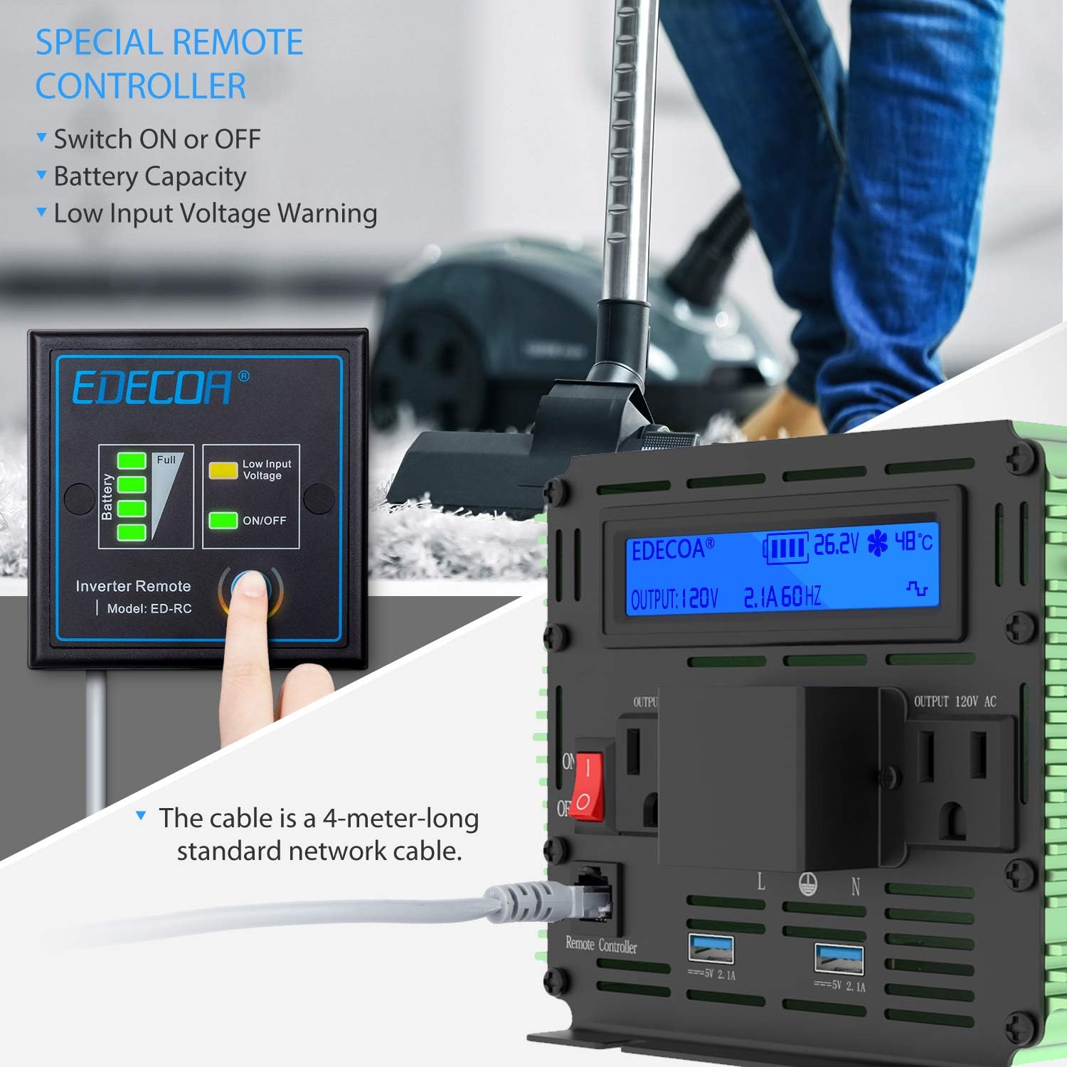 EDECOA remote controller for power inverter showing ON/OFF switch, battery capacity, and low input voltage warning.