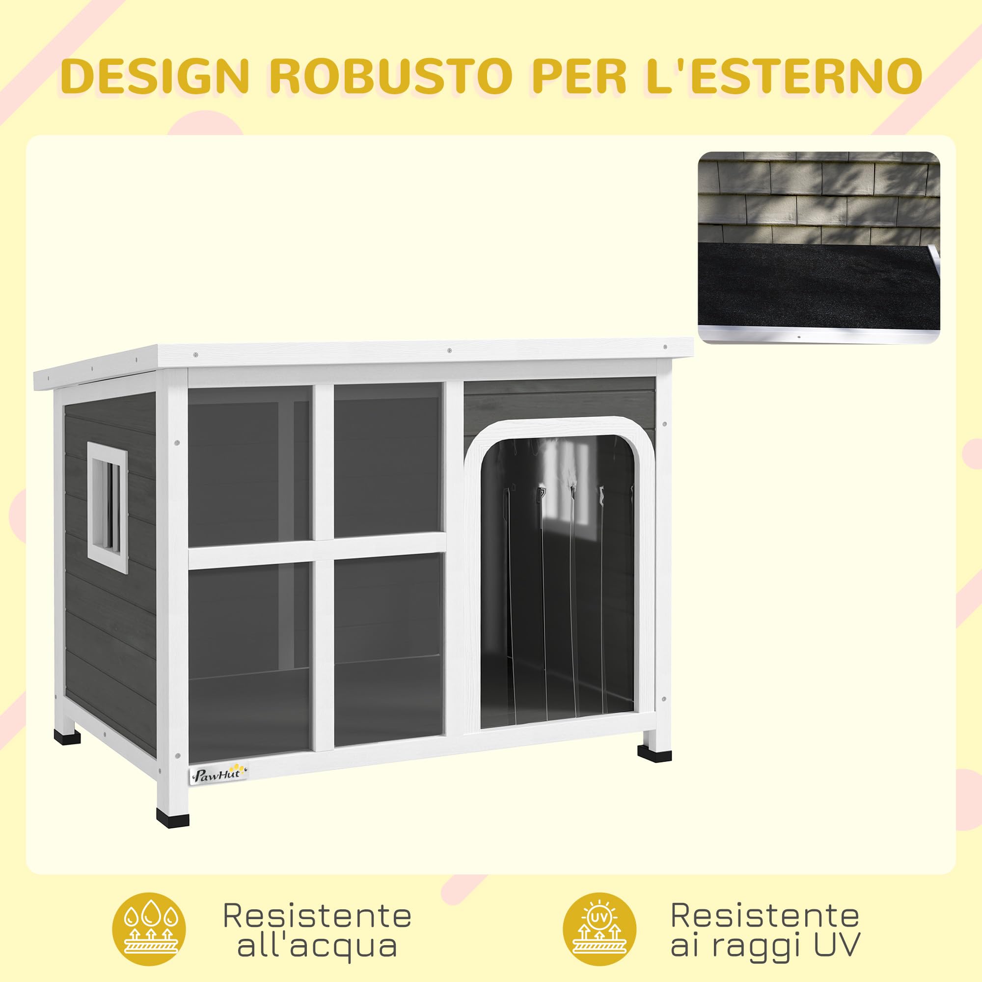 PawHut Casetta per Cani Taglia Piccola e Media con Finestrelle Laterali e Tendina da Ingresso, Cuccia per Cane da Esterno con Base Estraibile e Tettuccio Apribile, 90x62x71 cm, Grigio Chiaro
