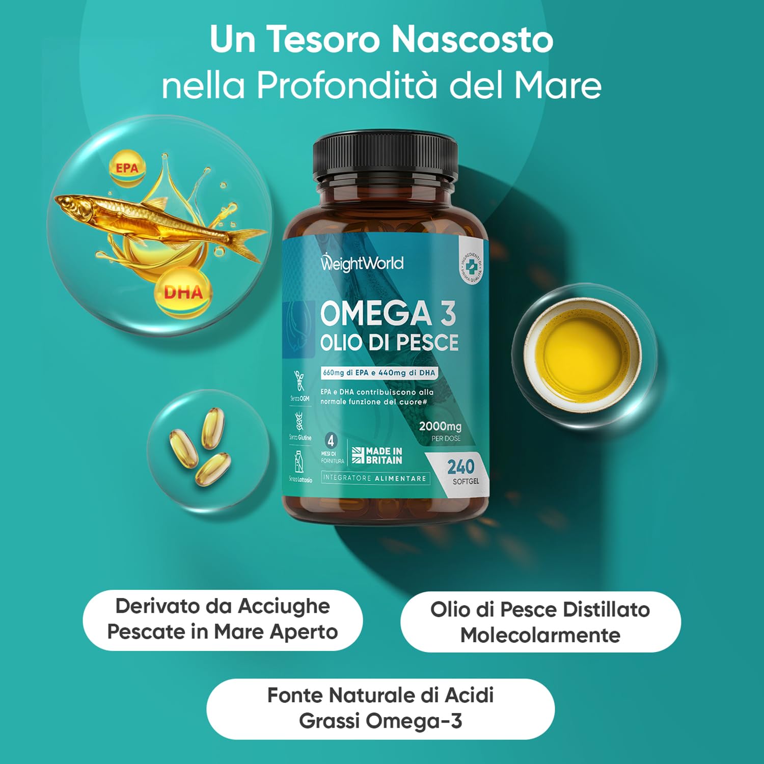 Omega 3 Olio di Pesce e Vitamina D3 K2 Bundle, 240 Softgel + 365 Compresse, Omega 3 2000mg, 660mg di EPA e 440mg di DHA, Vitamina D3 e K2, 2000UI di Colecalciferolo, 200μg di Menachinone, Senza OGM