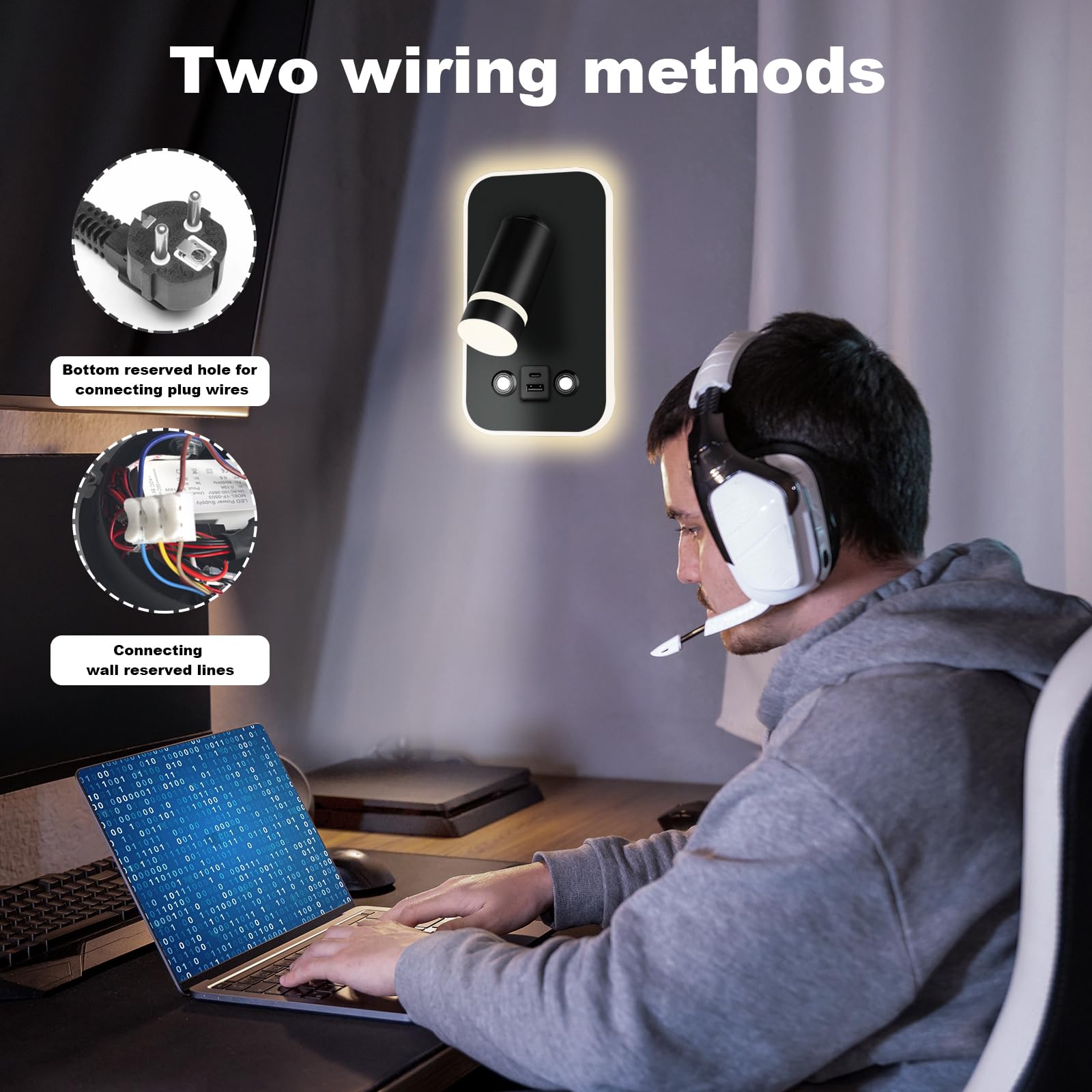HUIZHOU Lampada LED da Parete 12W con Controllo Touch, 3 Modalità di Luce, Porta USB Integrata, Rotazione 350°, Lampada da Lettura Moderna per Camera da Letto, Comodino e Soggiorno (Rettangolo nero)
