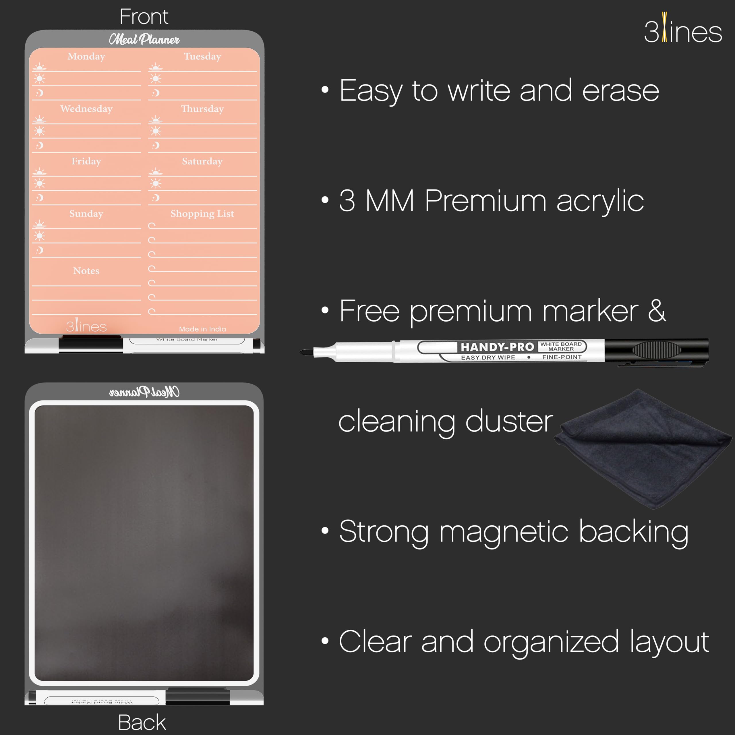3 Lines ClearBite Acrylic Magnetic Meal Planner Board | Sleek & Durable | Includes Marker & Duster | 24x16 CM | Perfect for Meal Planning, Shopping Lists, Notes | Ideal for Home, Office | Apricot 4