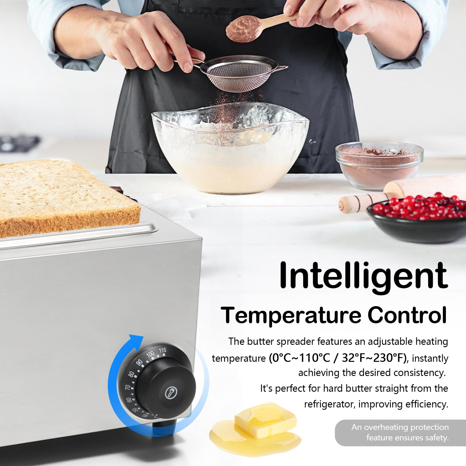 Rouleau à Beurre Électrique, Étaleur de Beurre en Acier Inoxydable 304 avec Température de Chauffage (30°C~88°C) pour Faire Fondre Rapidement Beurre Étaler Beurre Uniformément Sur hamburger Pain Toast