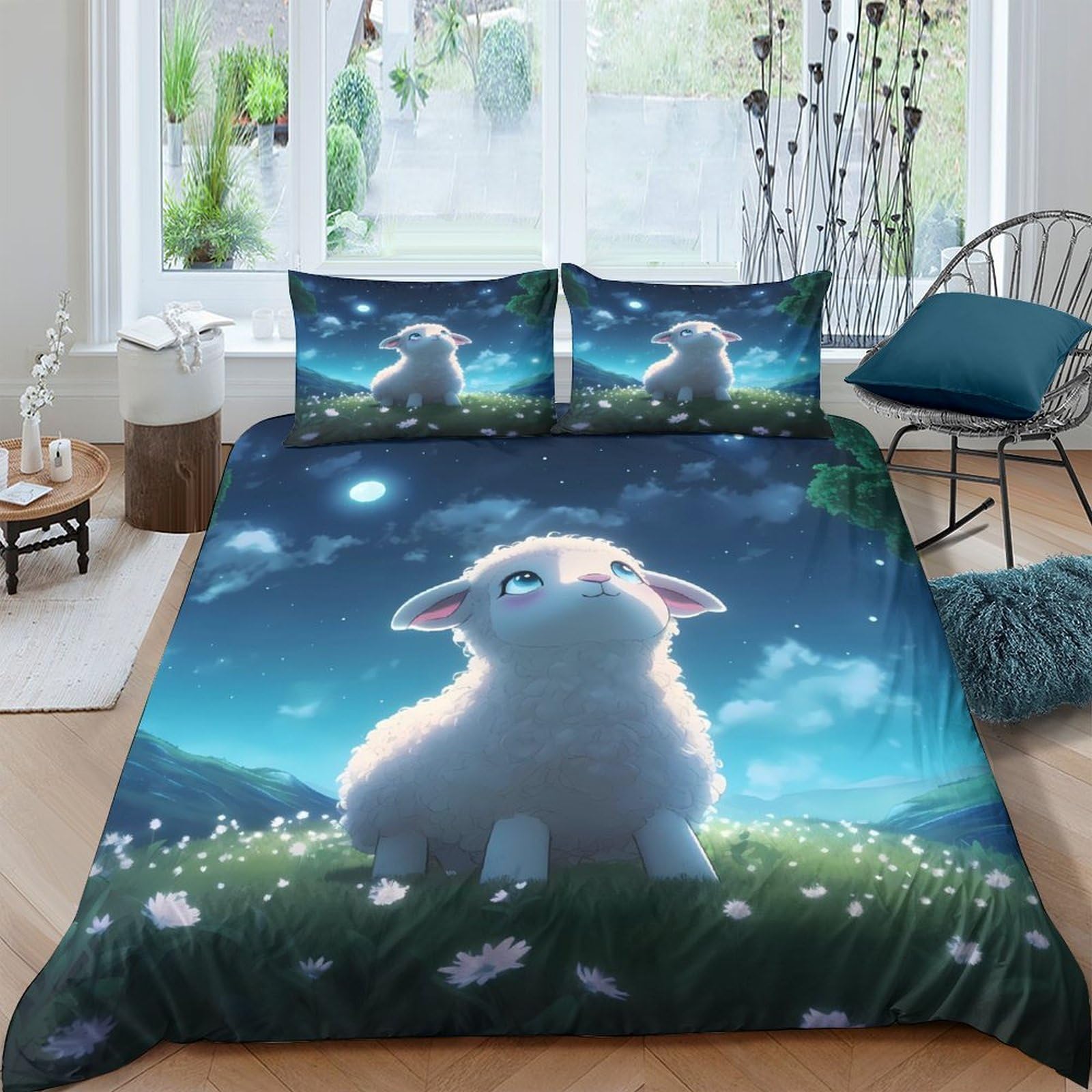 Ctjqhvkz Style-5 3D Printed Night Sky Sheep Fitted Sheet Microfiber Soft Blue Cartoon Meadow Bed Cover For Bedroom Guest Room Decor Single（135X200cm）