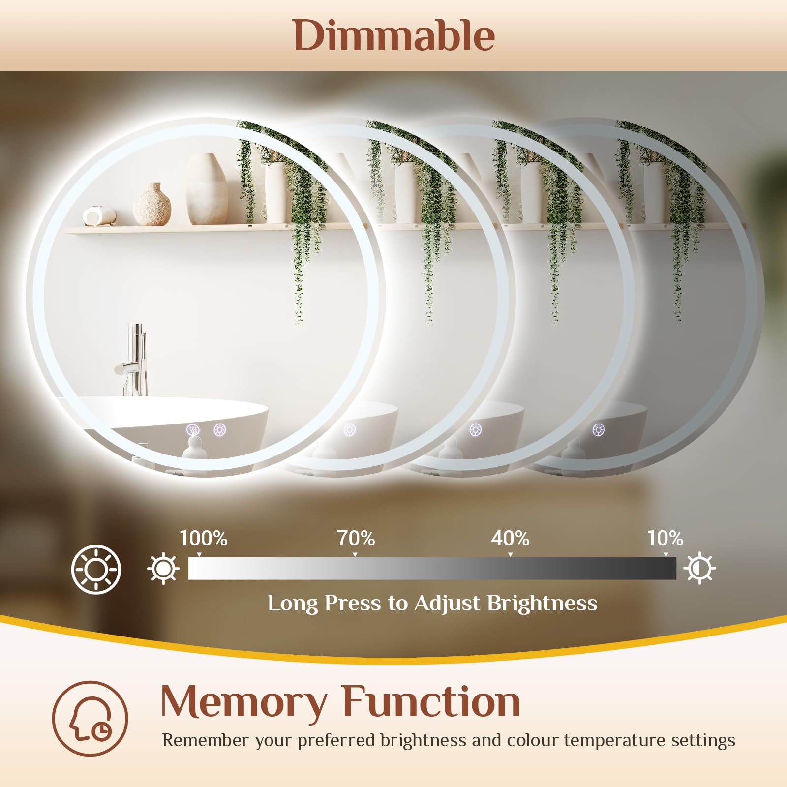 Clevich Specchio Bagno con Luce Rotondo 60 cm, Specchio-LED con 3 Colori di Luce Dimmerabile, Vetro Temperato Antideflagrante, Antifog, Interruttore Touc, Funzione Memoria