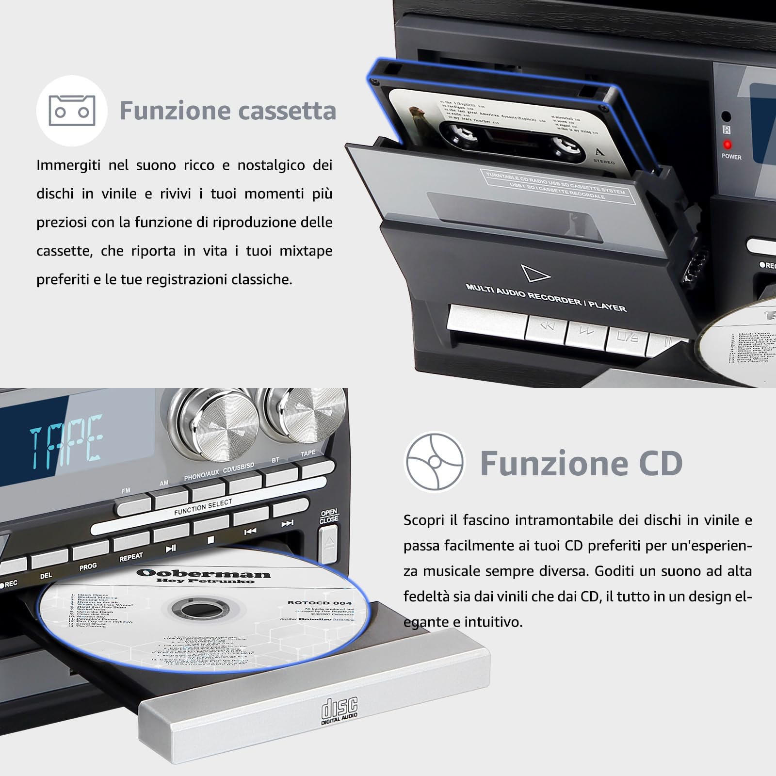 Giradischi Vintage 9 in 1 con Bluetooth, 3 Velocità, Lettore CD e Cassette, Radio AM/FM