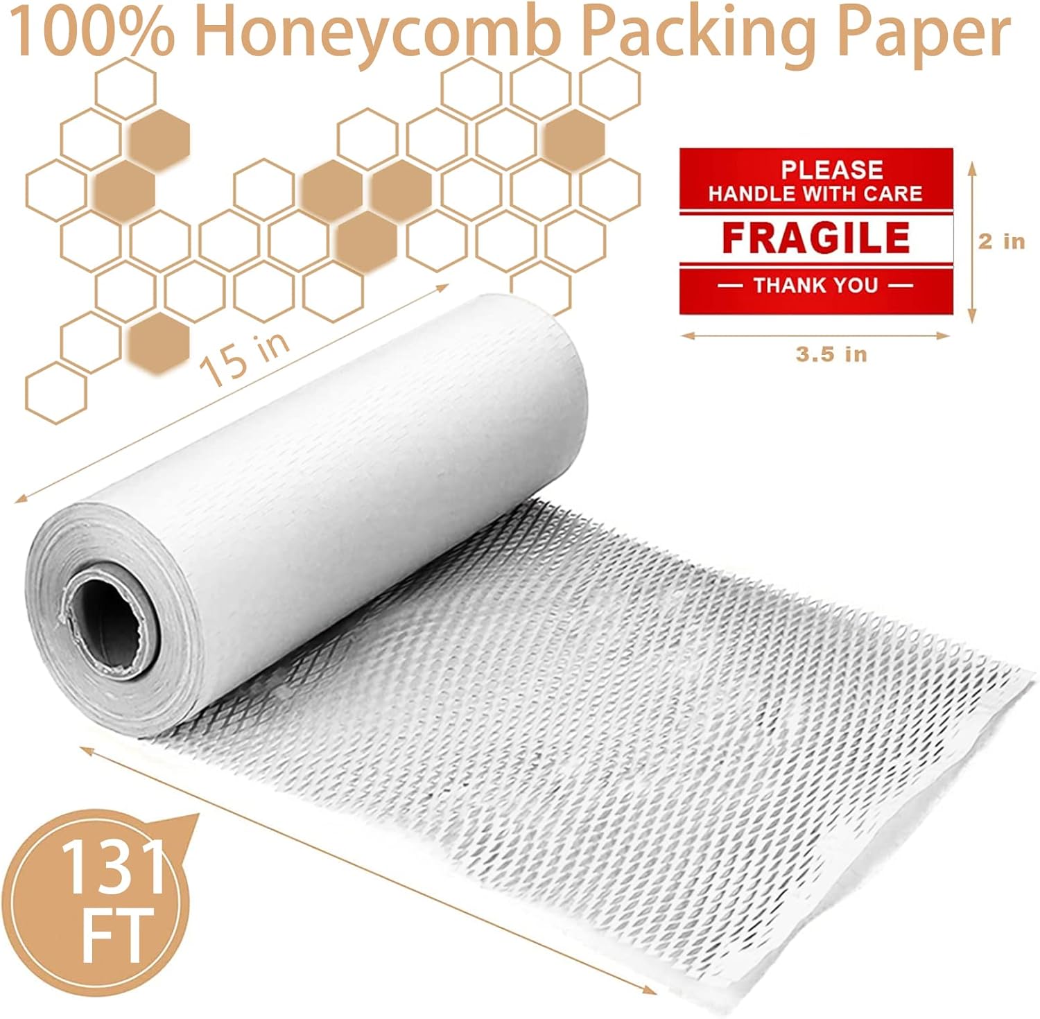 onesimcr White Honeycomb Wrapping Paper Wrap 15"x131' Sustainable Alternative to Bubble Wrap for Moving/Transporting/Packaging Rolls with 20 Fragile Stickers Biodegradable and Fully Recyclable…