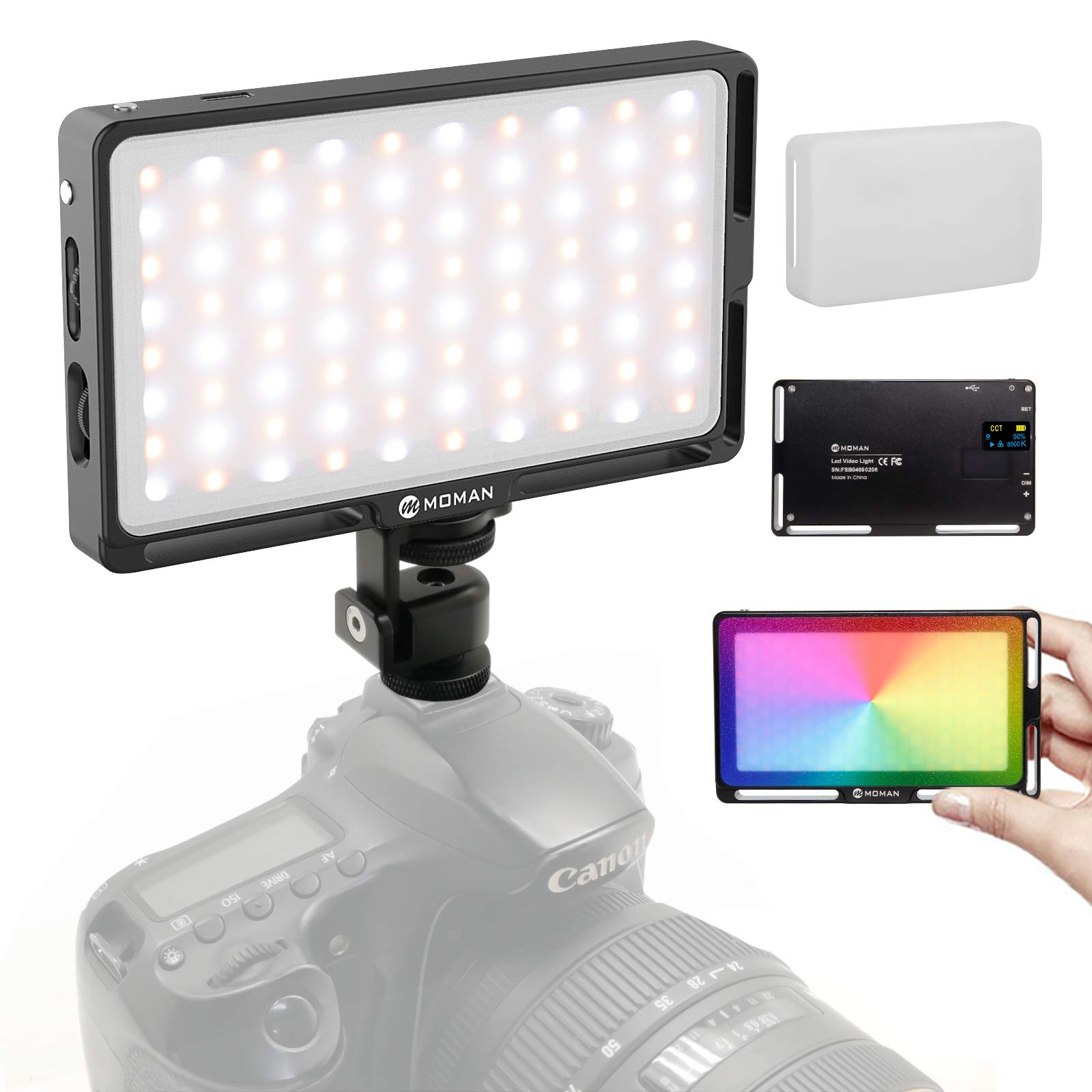 Moman On Camera RGB Light LED Video Continuous Output Lighting Panel Full Color CRI 96+/TLCI 98+ Bicolor 2500K-9000K Dimmable with Type-C for Photography DSLR Camcorder