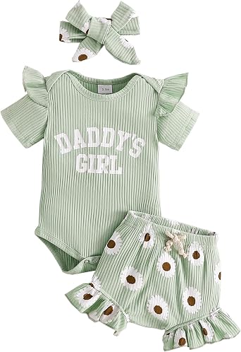 Tsnbre Newborn Infant Baby Girl Clothes Summer Outfit Flower Rib Knit Ruffle Short Sleeve Romper Shorts Headband
