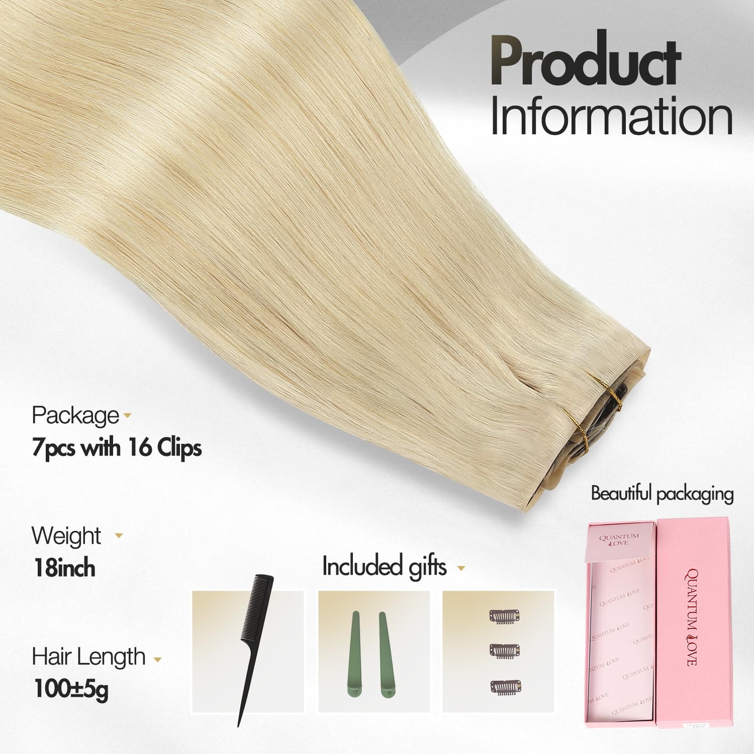 Quantum Love Invisi Edge Clip in Hair Extensions Human Hair 18Inch 110g Seamless Clip in Hair Extensions 7Pcs 14Clips Invisible PU Skin Weft Blonde Remy Human Hair Extensions