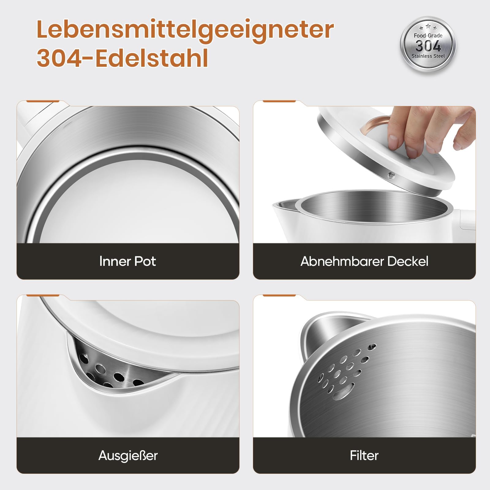 OLEGA Hervidor de agua: 1800 W, calentador rápido, tetera eléctrica de acero inoxidable 304, sin BPA, hervidor eléctrico con apagado automático y protección contra ebullición en seco, 1,8 L, color