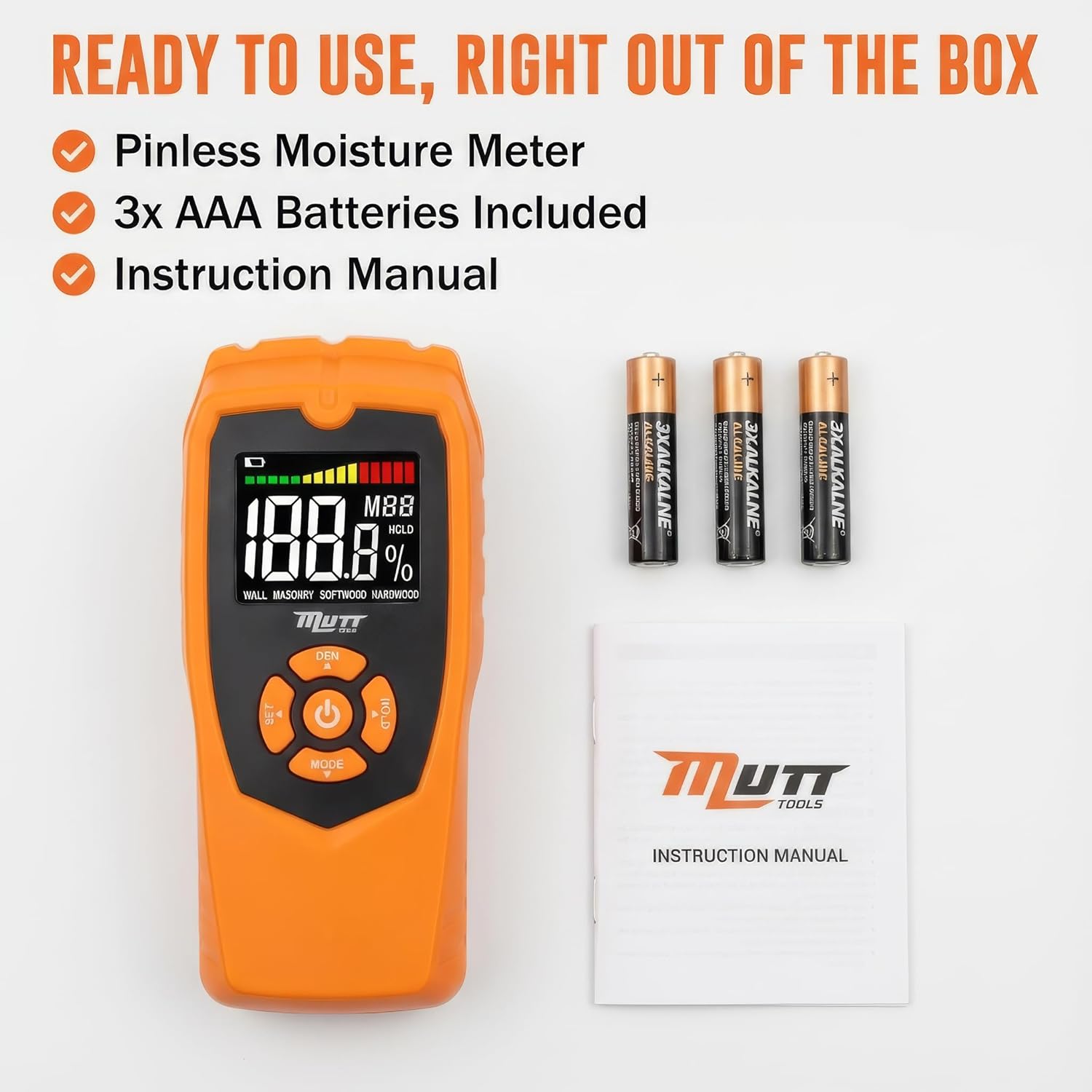 Mutt Tools Pinless Moisture Meter for Drywall – Non-Destructive Wood Moisture Meter for Walls, Wood and Masonry – Detects up to 2 Inches Below the Surface