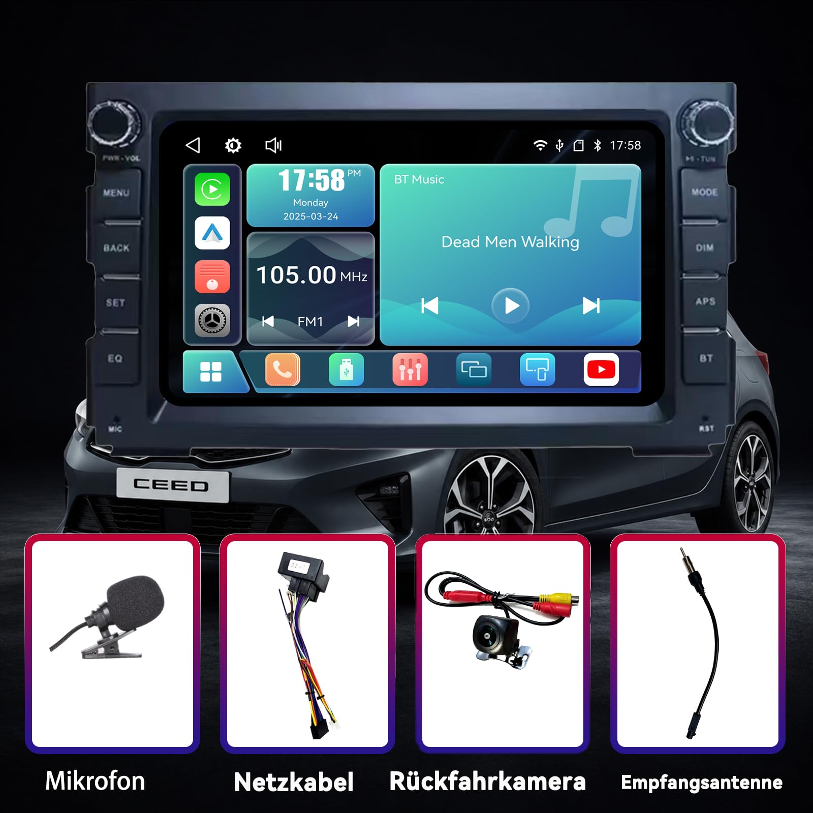 Écran Tactile 7 Pouces Autoradio pour Kia Venga et CEED 2010-2016, CarPlay sans Fil & Android Auto, Bluetooth, FM, RDS, DSP, USB, Poste Radio Voiture