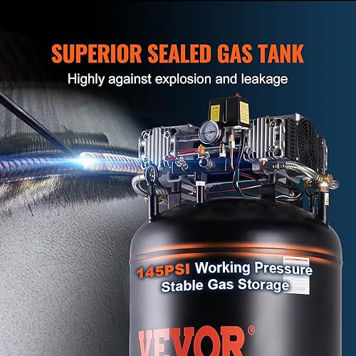 Miniatura 5 de VEVOR Compresor de aire de 80 galones, 6.5HP 15.5SCFM a 90 PSI, tanque de compresor de aire estacionario sin aceite de 2 etapas 145PSI, compresor