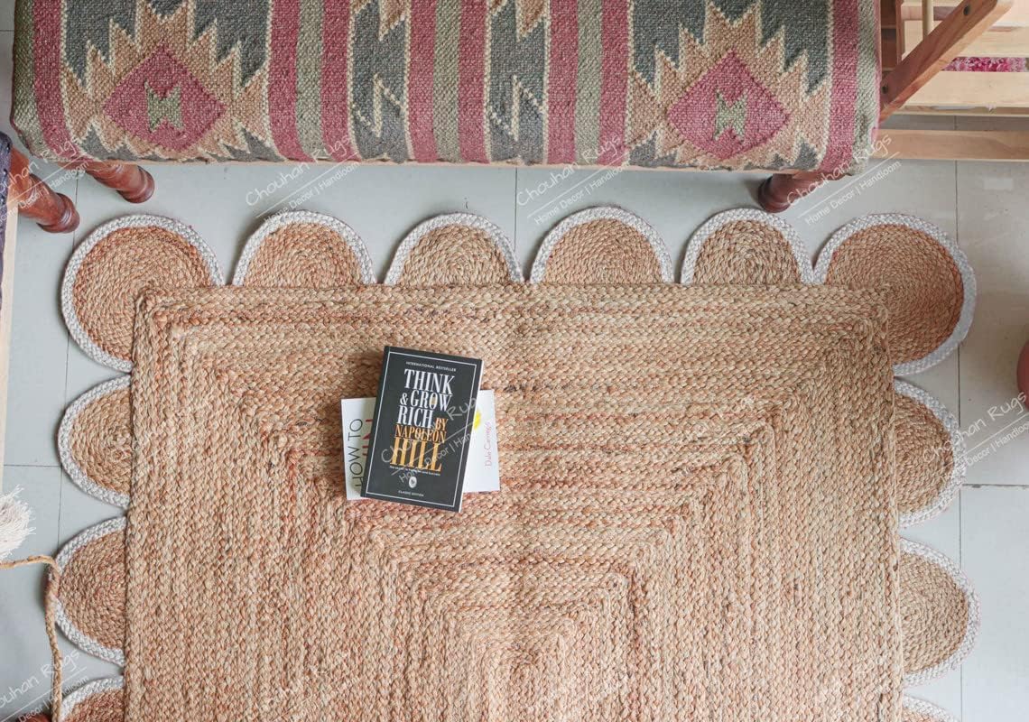 Chouhan Rugs Natural Jute Scalloped Area Rugs Handwoven Boho Indoor Farmhouse Braided Rug for Livingroom, Bedroom, Kitchen (White-N5, 2x3)