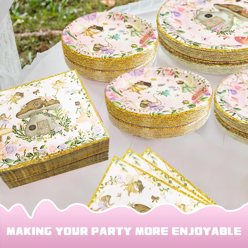 192 Pcs Fairy Party Tableware Set (Serves 48 Guests), Plates, Napkins, Forks, Enchanted Garden Theme for 1st Birthday, Baby Shower, Girls Fairy Party Decorations - Image 4