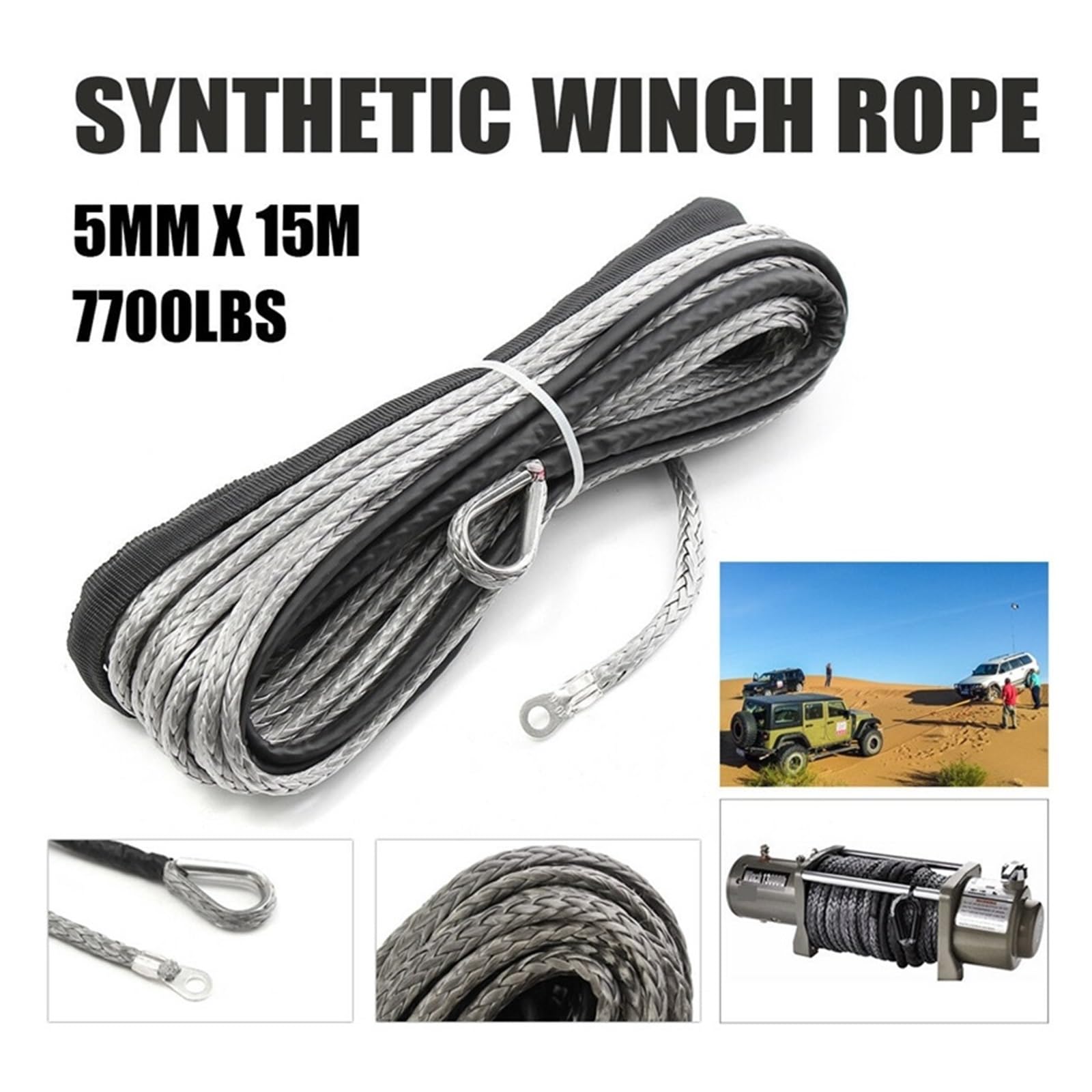 Corda di Traino Fune Sintetica for Argano da 3/16 di Pollice X 50 Pollici 7700LB con Manicotto di Protezione for ATV UTV Facile E Sicuro
