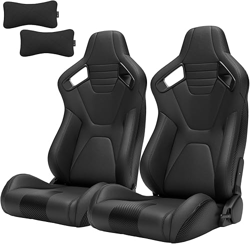 Miniatura 30 de 2 piezas de asientos universales de carreras con deslizadores de doble bloqueo, 1 par de asientos de cubo de cuero PVC con dos almohadas de Negro