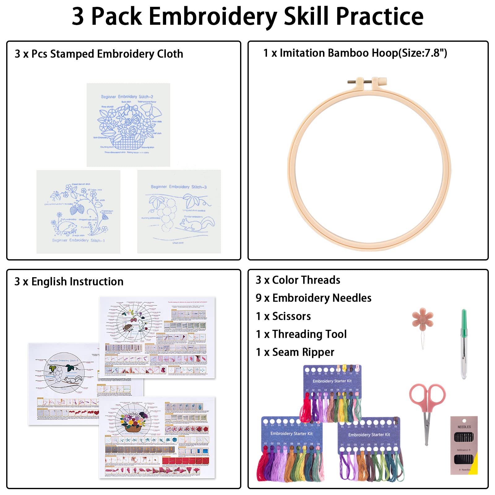 Snapklik.com : Chfine 3 Sets Embroidery Stitches Practice Kit ...