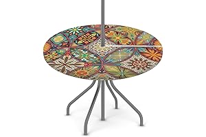 Round Fitted Tablecloth with Umbrella Hole for Outdoor Patio Decor