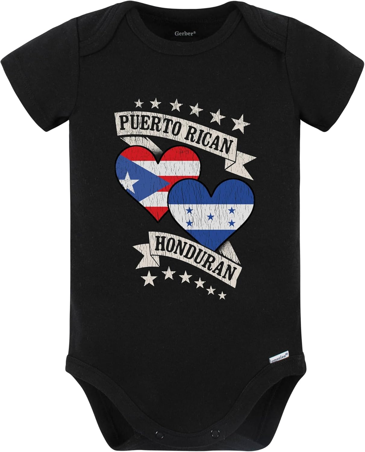 Puerto Rican Honduran Heart Flags Puerto Rico Honduras Baby Bodysuit (Black)