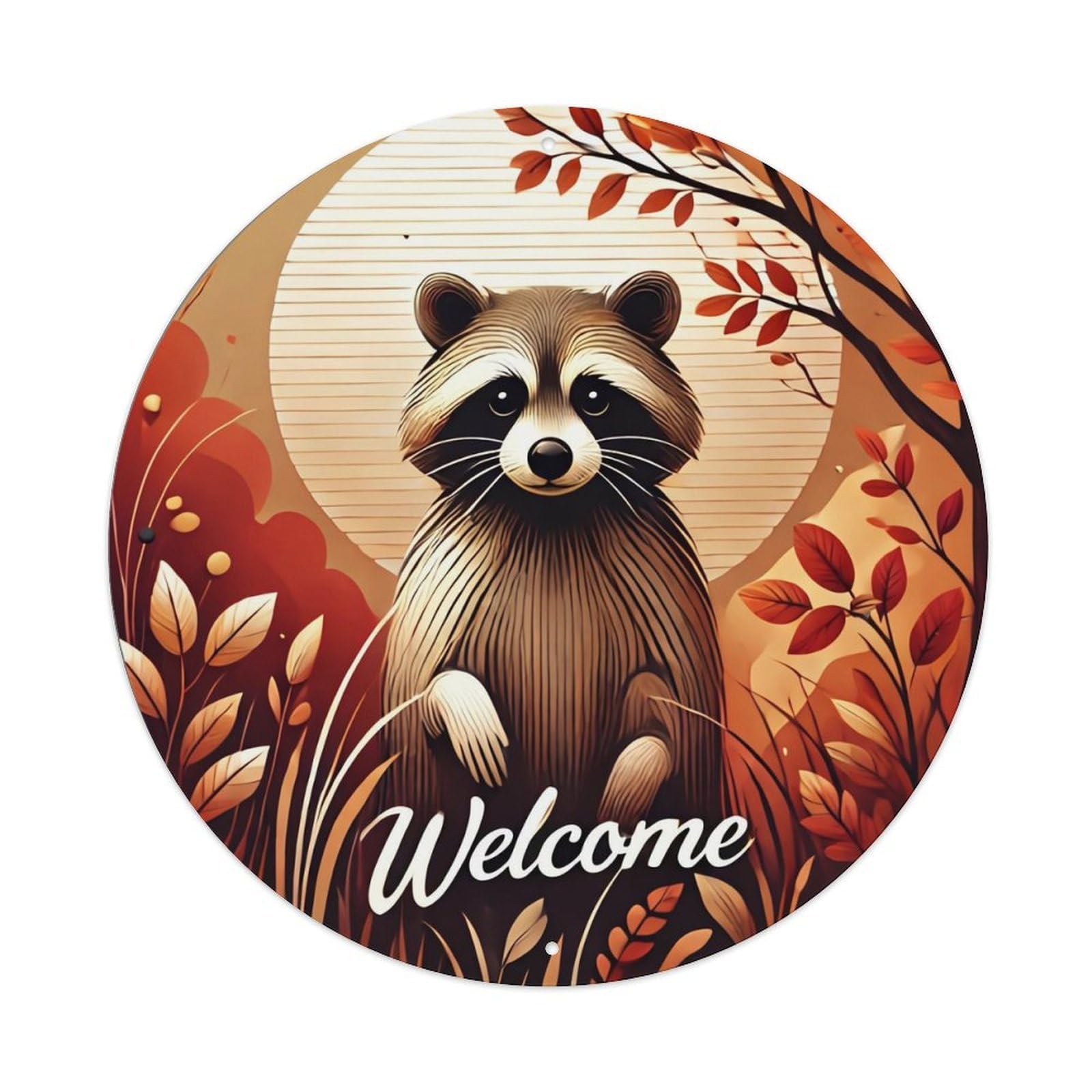 Autumn Raccoon Welcome Art Print Metal Tin Sign Plaque