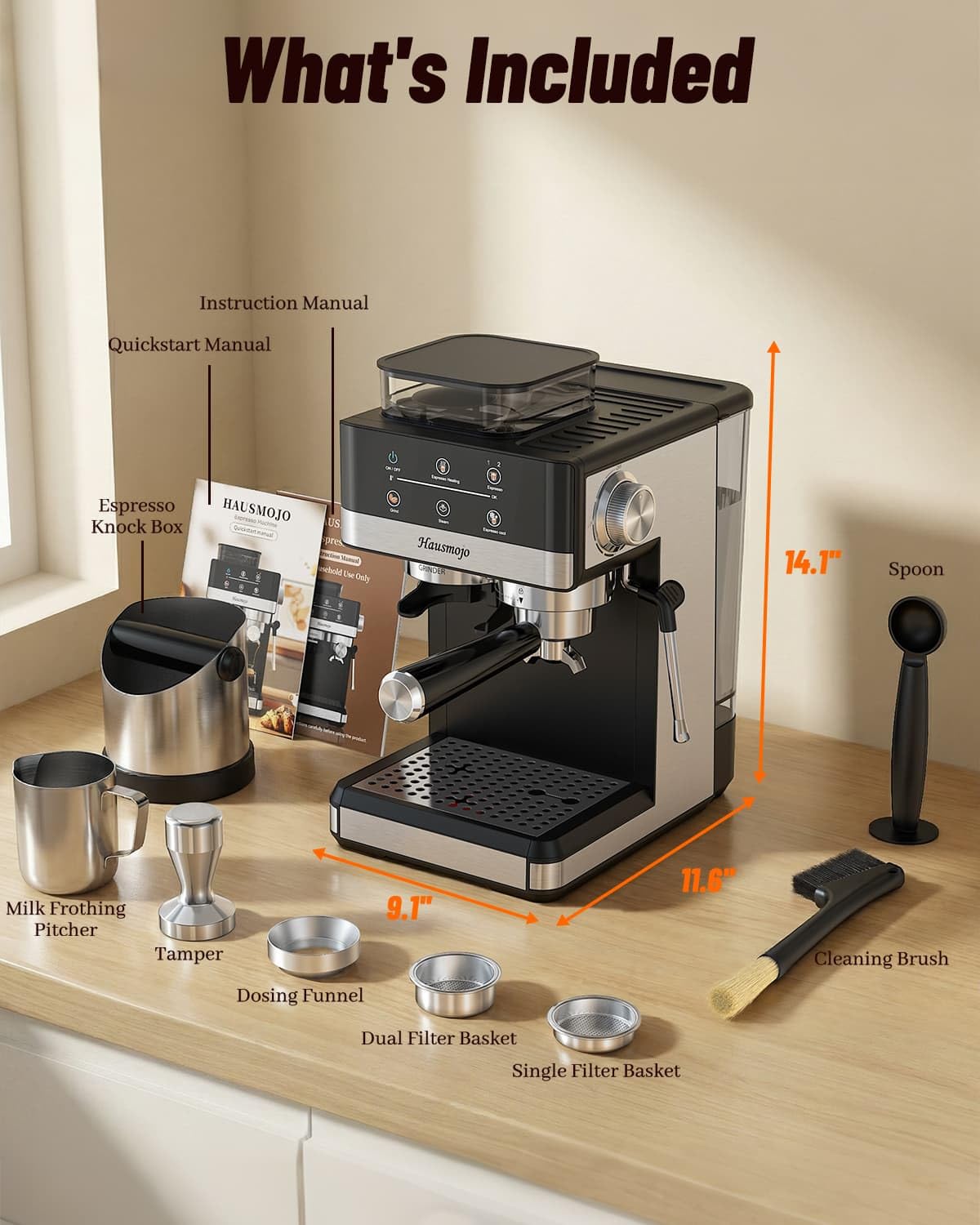 Máquina de café espresso con amoladora, cafetera compacta de 20 barras con espumador de leche, máquina de café profesional para el hogar, control táctil, capuchino y cafetera con leche